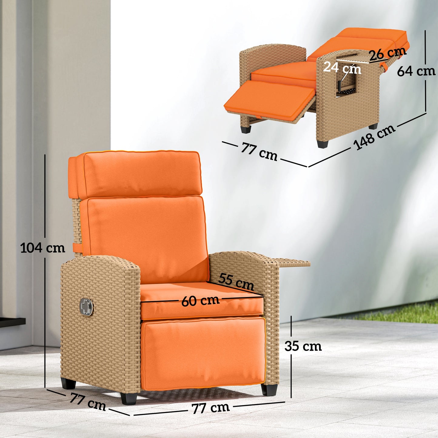 Outsunny 145 Degree Reclining Rattan Armchair With Manual Footrest Khaki Orange Outdoor Patio Lounge