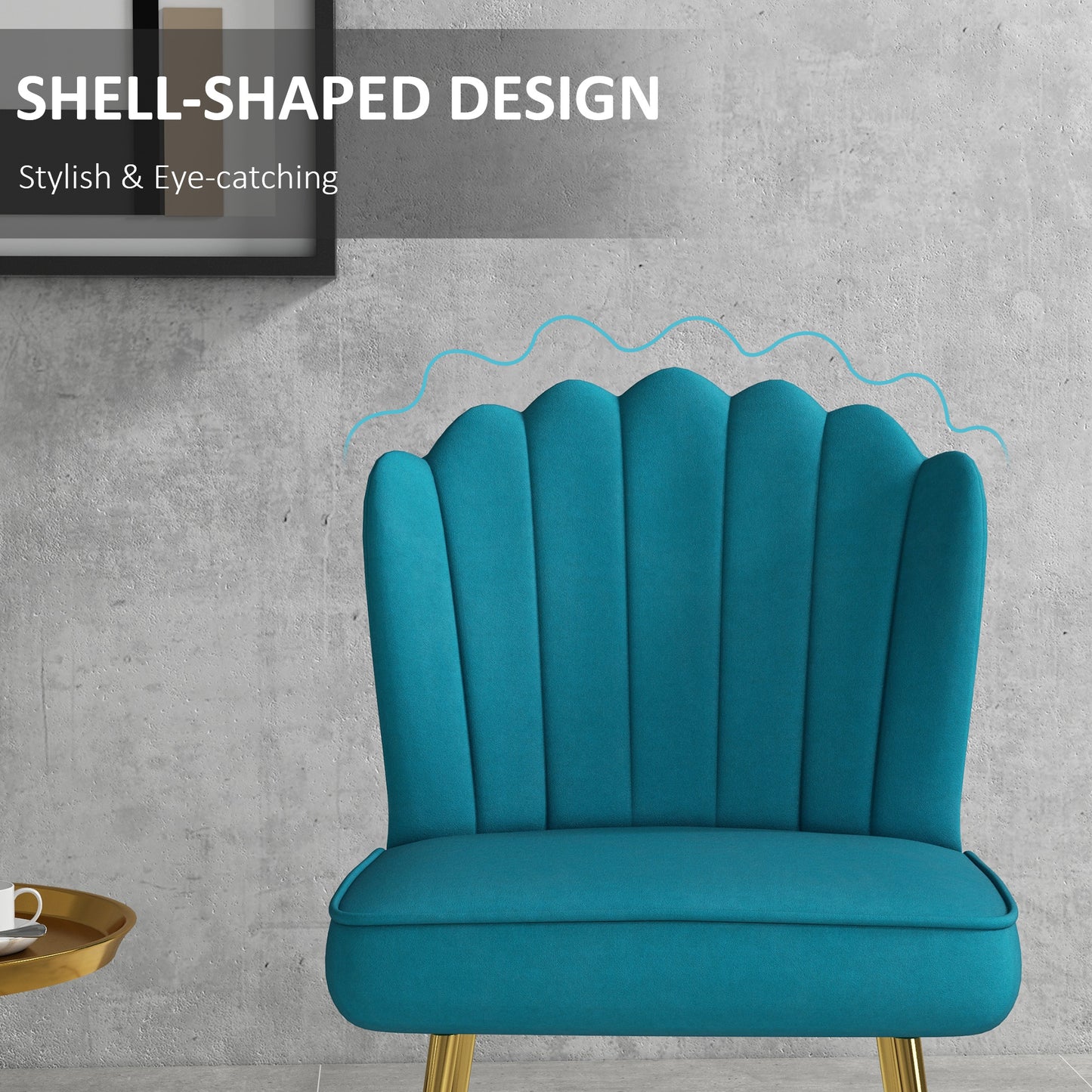 Set of 2 Velvet Feel Shell Accent Chairs with Gold Tone Legs for Living Room Blue
