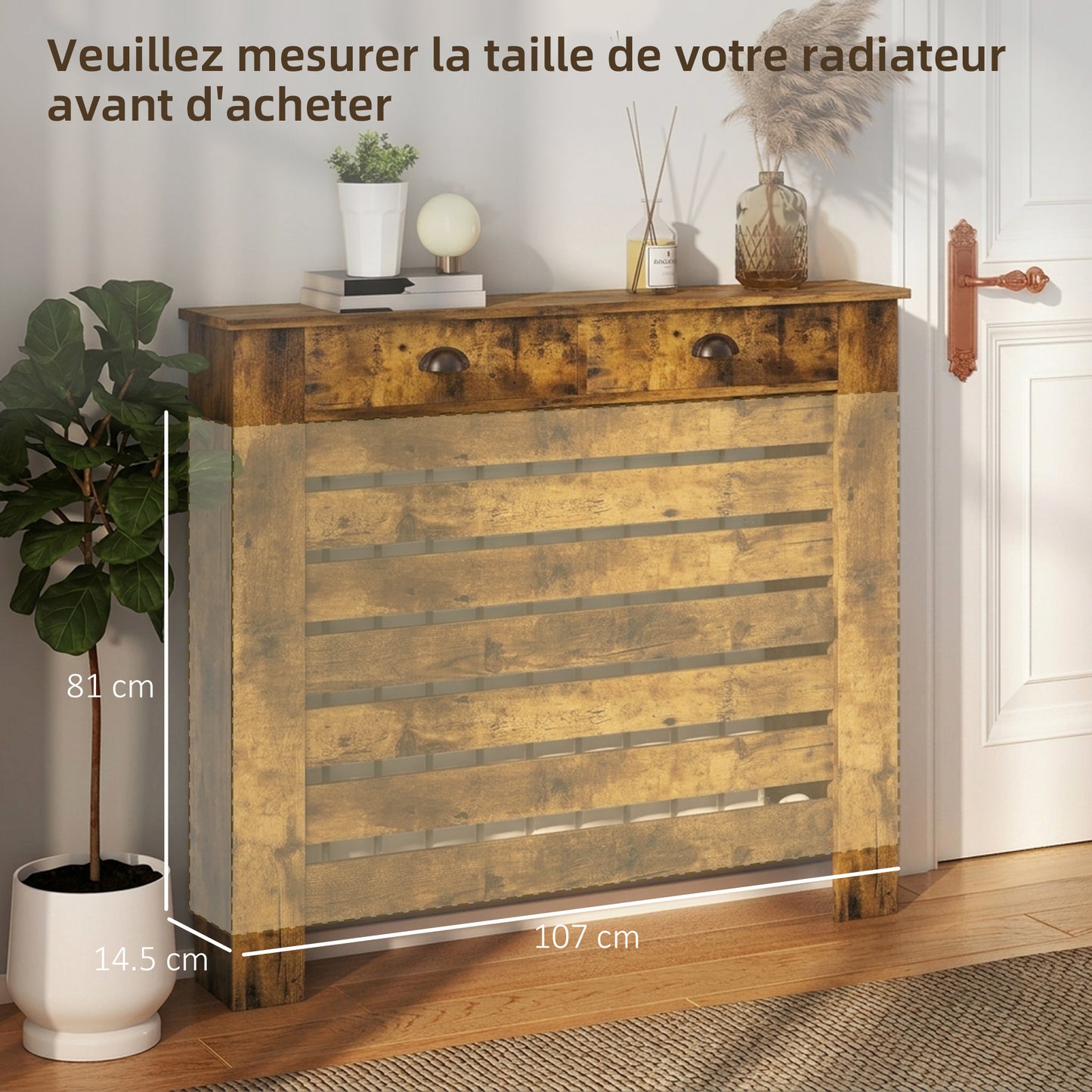 HOMCOM Rustic Brown Radiator Cover With Drawer 95.5 Centimeter High 111 Centimeter Wide Slatted Design