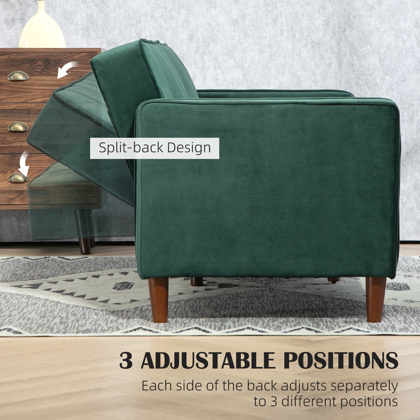 HOMCOM Velvet Feel Three Seater Sofa Bed Green With Thick Cushions For Day And Night Comfort