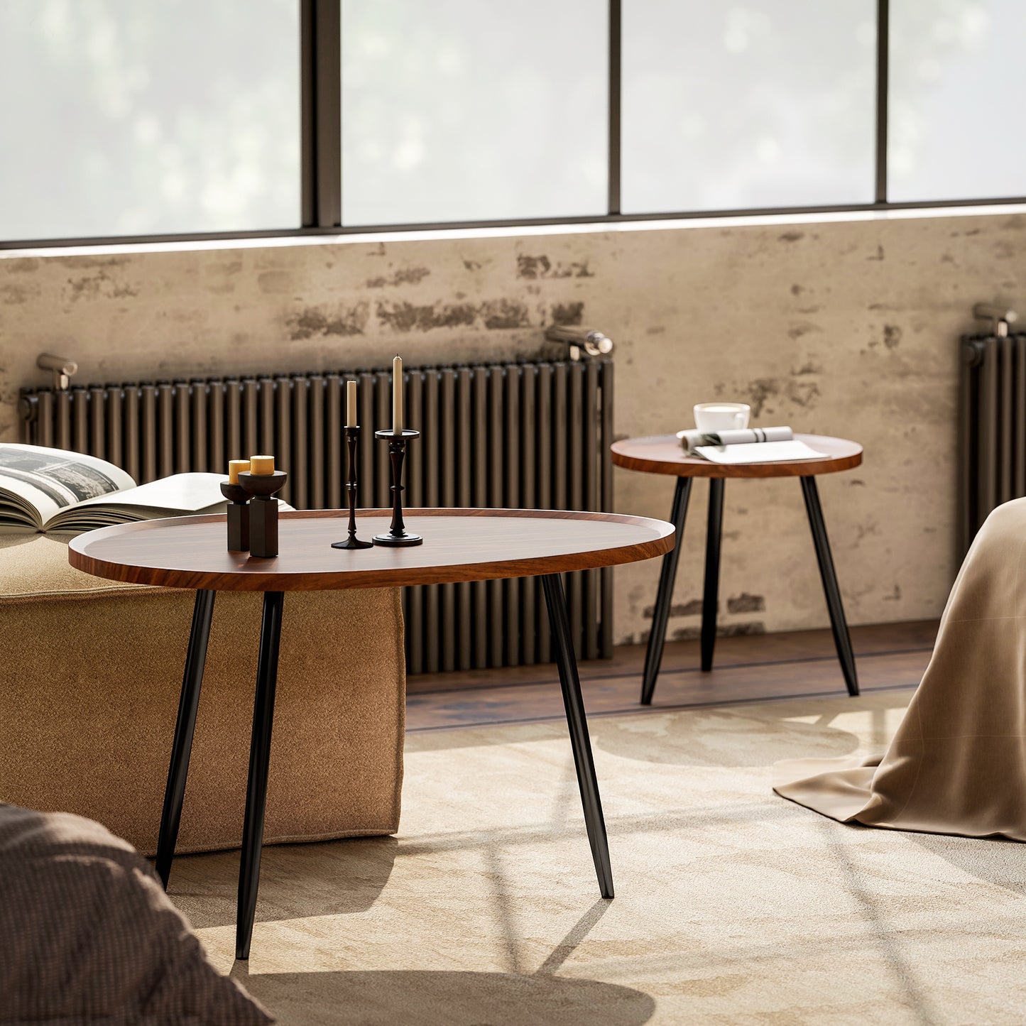 HOMCOM Nesting Coffee Tables Set of 2 80cm Stacking Tables with Metal Legs Chestnut Wood Effect Living Room Office