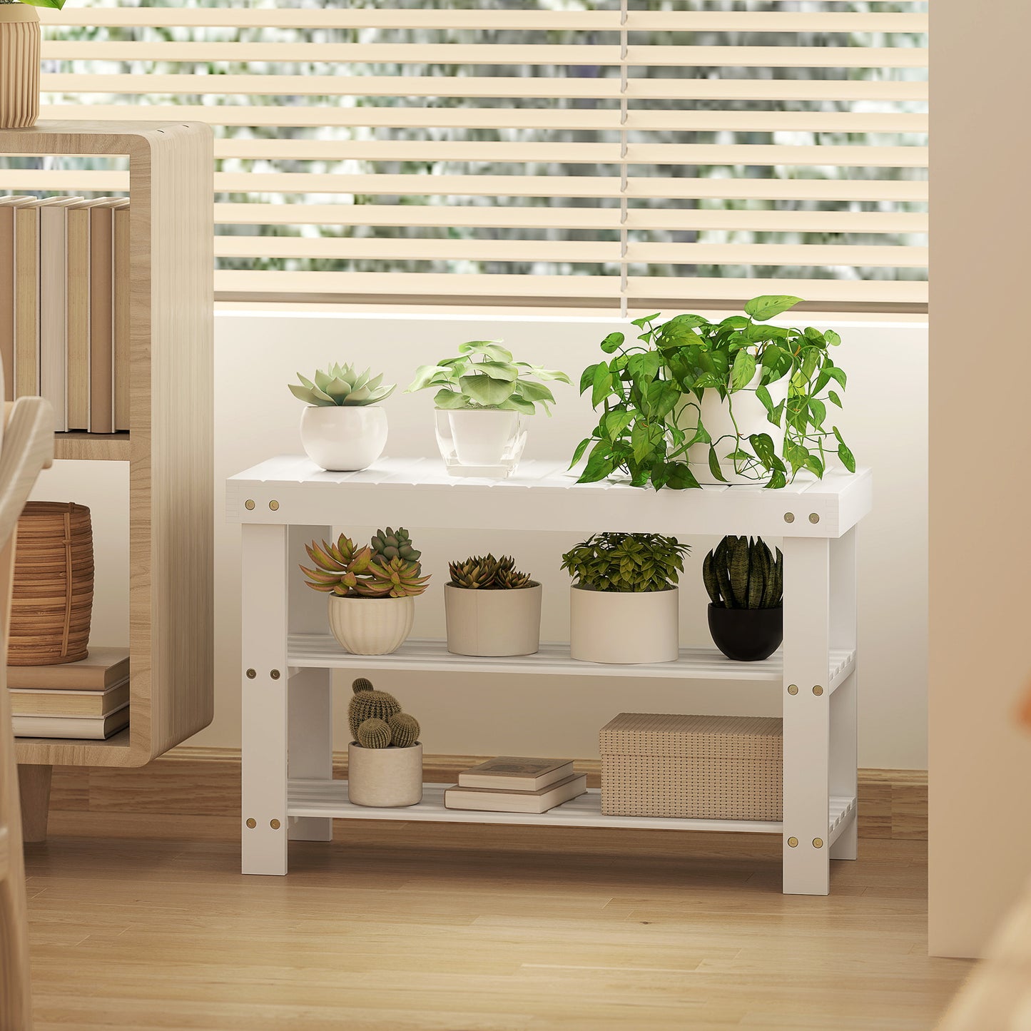HOMCOM Bamboo Shoe Storage Bench With Two Shelves White Finish Ideal Entryway Organizer For Shoes And Boots