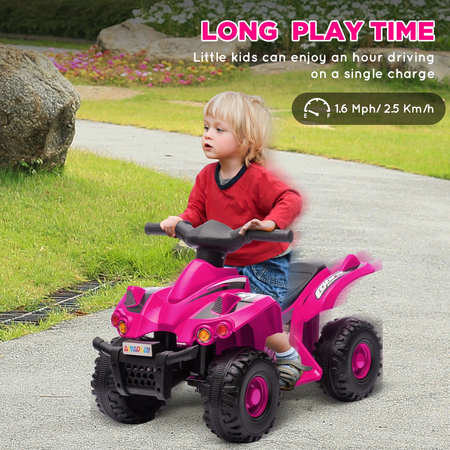 AIYAPLAY 6V Pink Electric Quad Bike for Kids with Music, Forward Function, Ideal for Ages 2-6