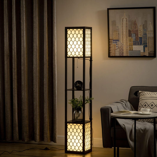 HOMCOM Modern Black Floor Lamp with Shelves, Dual Light, Pull Chain Switch