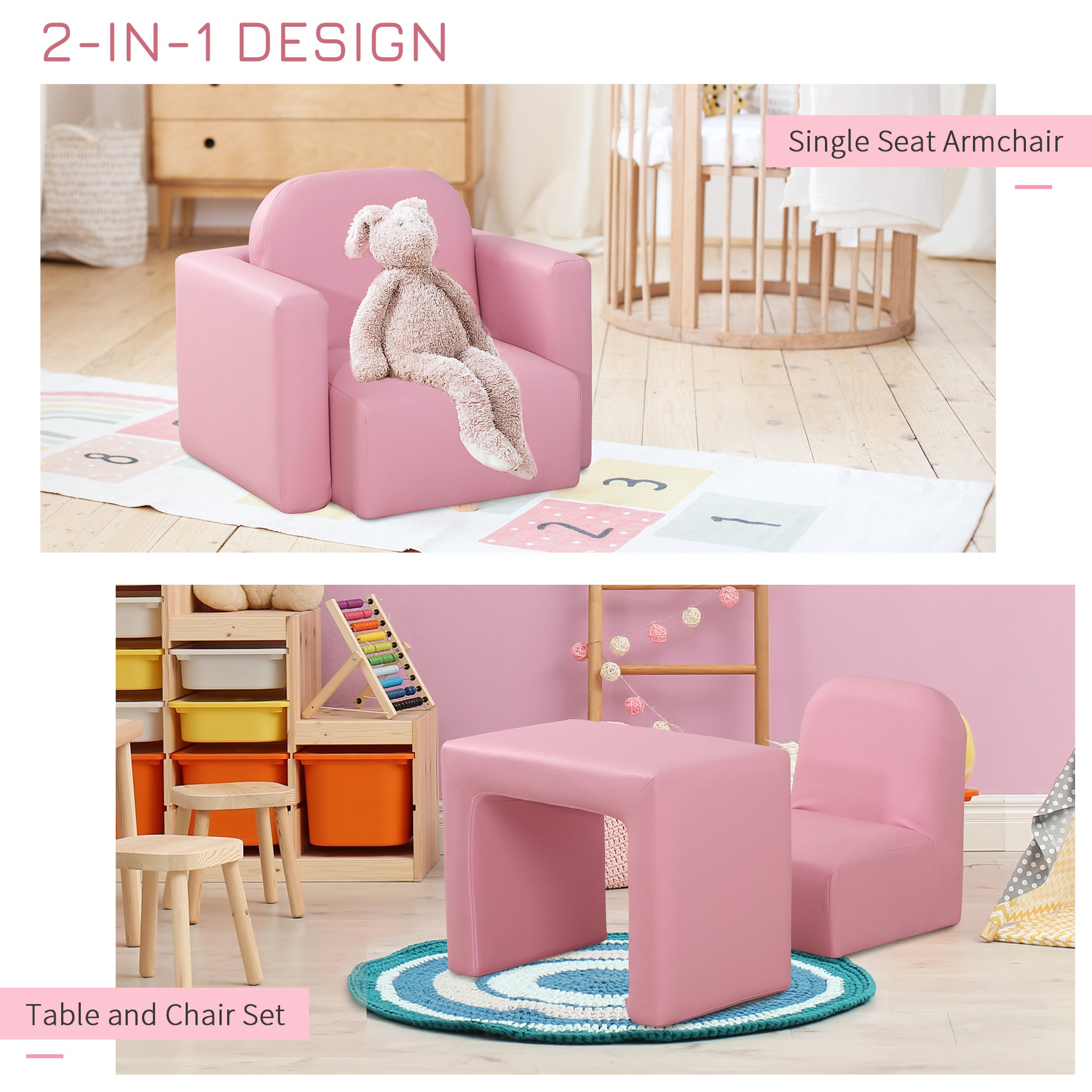 HOMCOM 2 in 1 Toddler Sofa Chair 48 x 44 x 41 cm Game Relax Playroom Pink - ALL4U RETAILER LTD