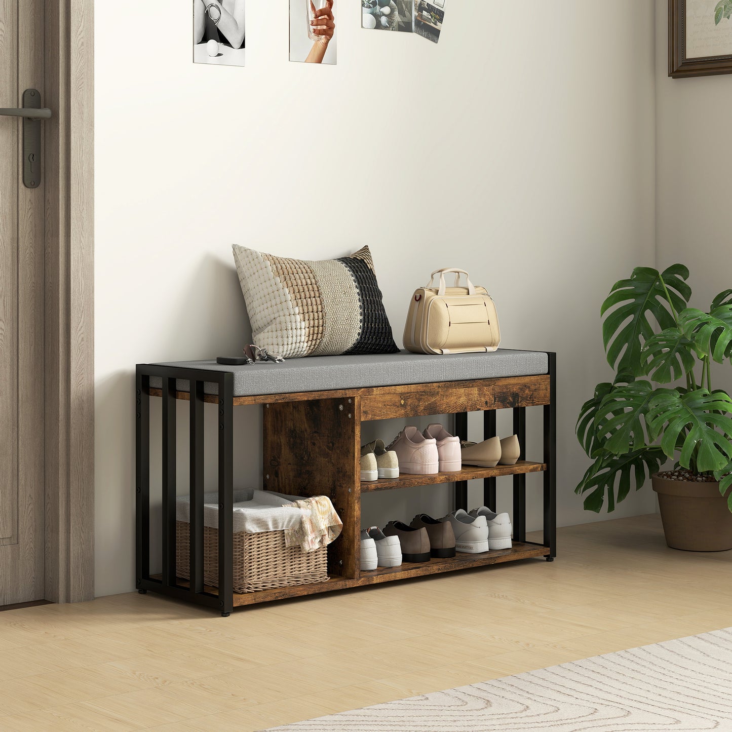 HOMCOM Shoe Storage Bench With Upholstered Seat And Steel Frame Hallway Shoe Organizer With 3 Open Shelves Rustic Brown