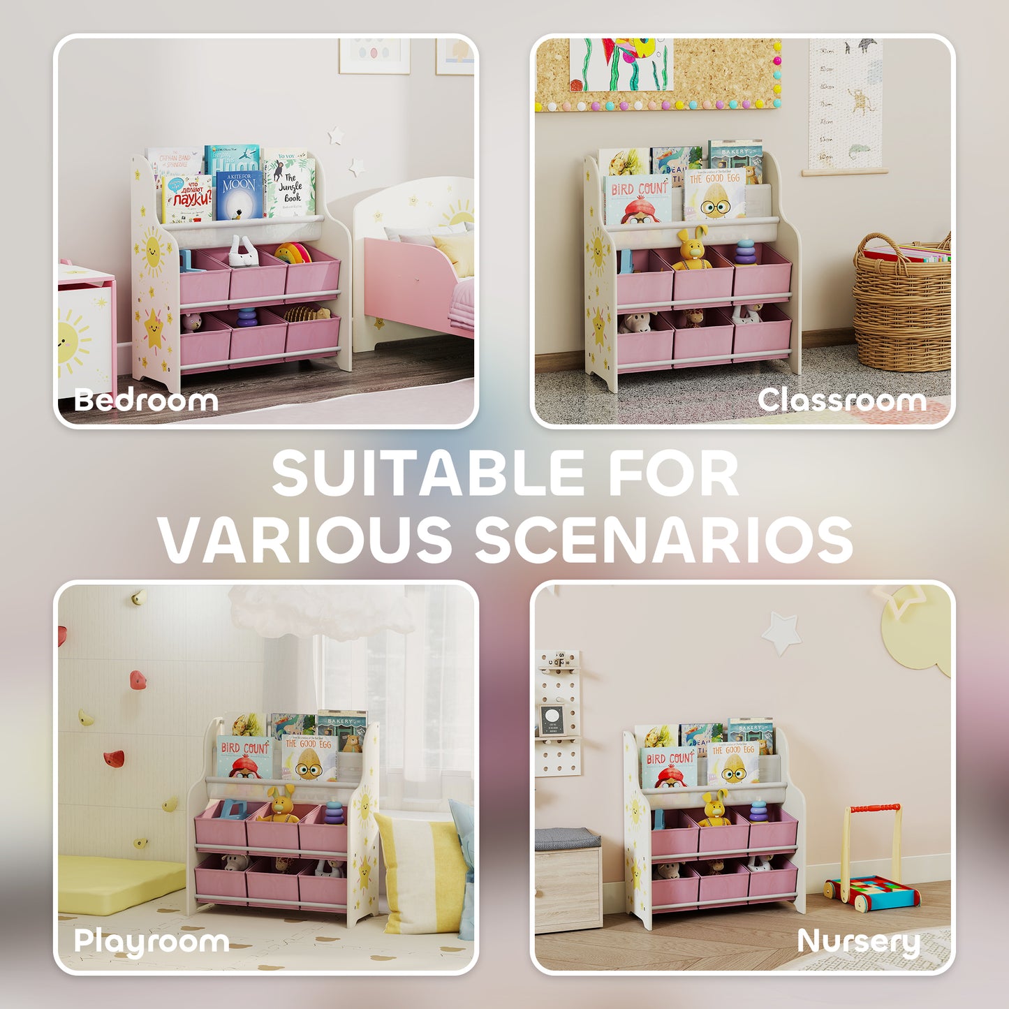 AIYAPLAY Kids Storage Unit Toy Organizer With Six Fabric Drawers And Two Tier Sling Book Rack Pink