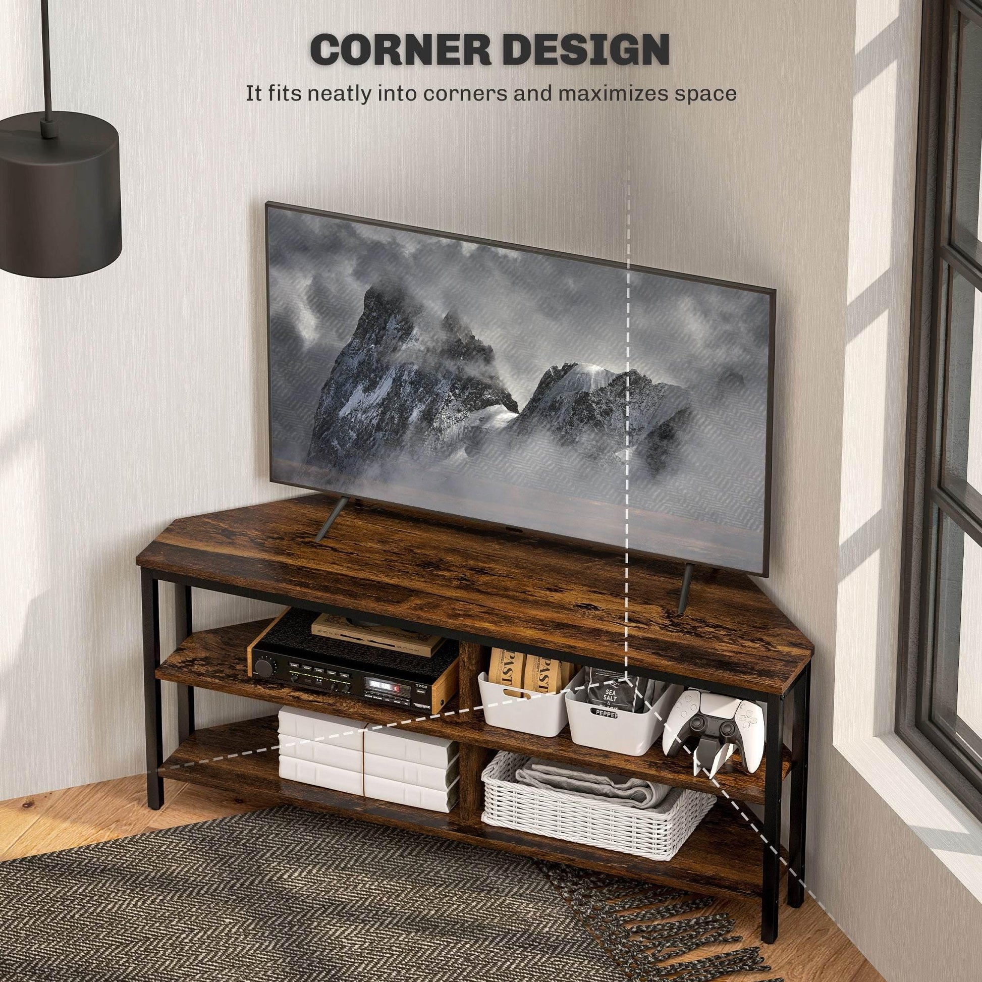 HOMCOM Rustic Industrial Corner TV Stand - Black and Brown - ALL4U RETAILER LTD