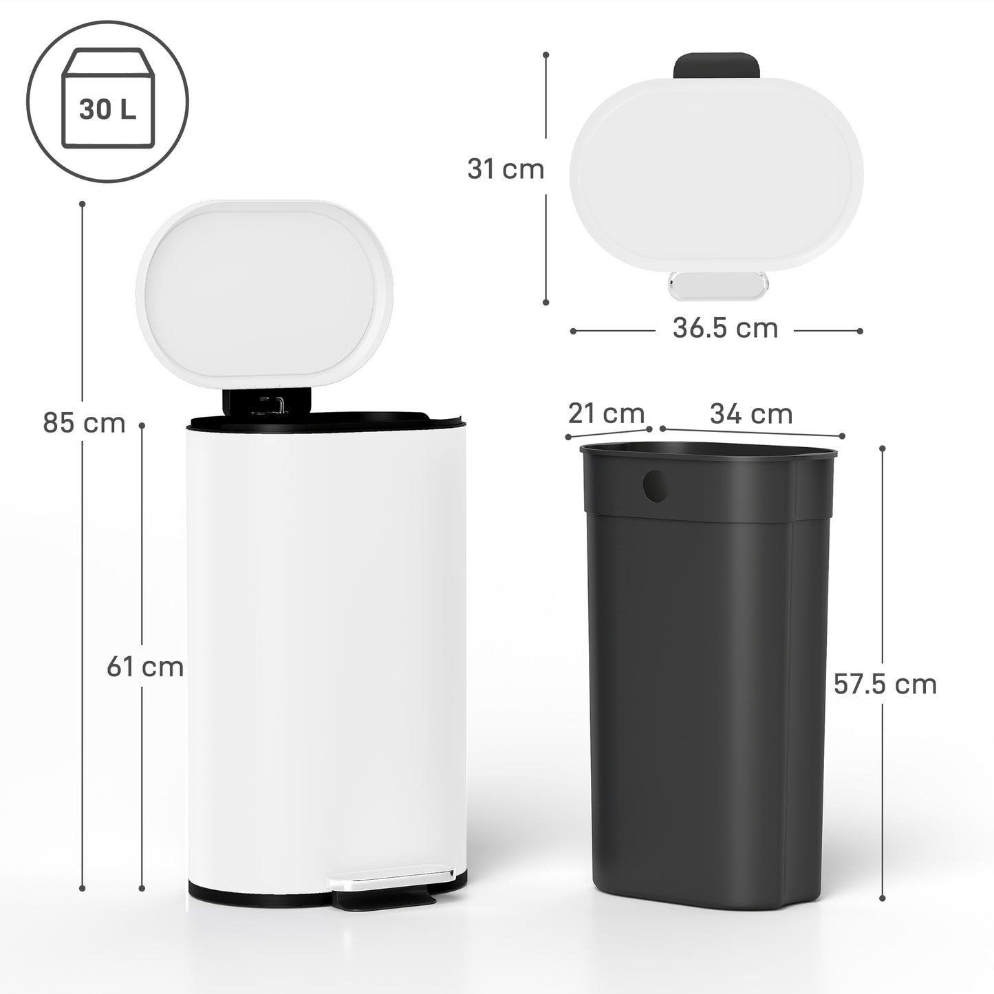 HOMCOM 30 L Pedal Kitchen Bin Modern Curved White With Soft Close Lid Fingerprint Resistant Metal For Quiet Operation