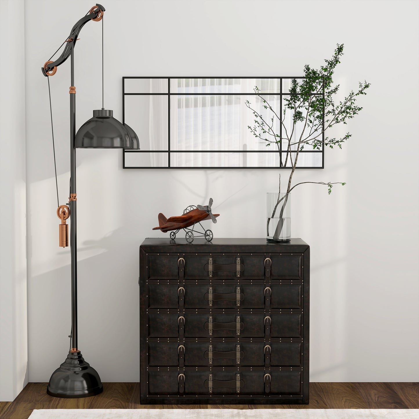 HOMCOM Decorative Grid Wall Mirror With Back Hooks Black Finish For Living Room Bedroom Decor