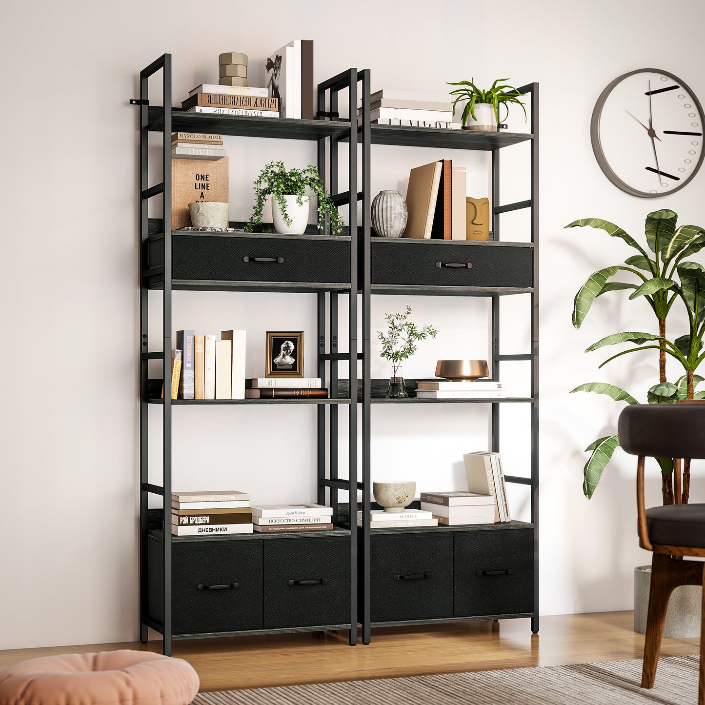 HOMCOM Industrial Style 4 Shelf Bookcase With 3 Fabric Drawers Grey And Black For Open Display