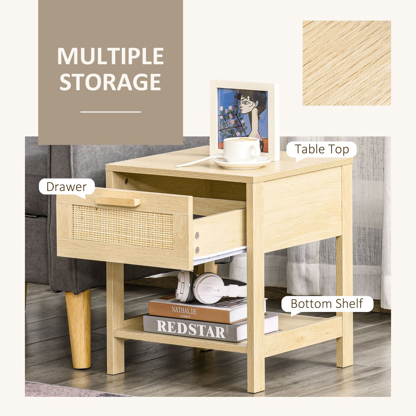 HOMCOM Bedside Table Set Of 2 With Rattan Drawer And Storage Shelf In Natural Rustic Finish