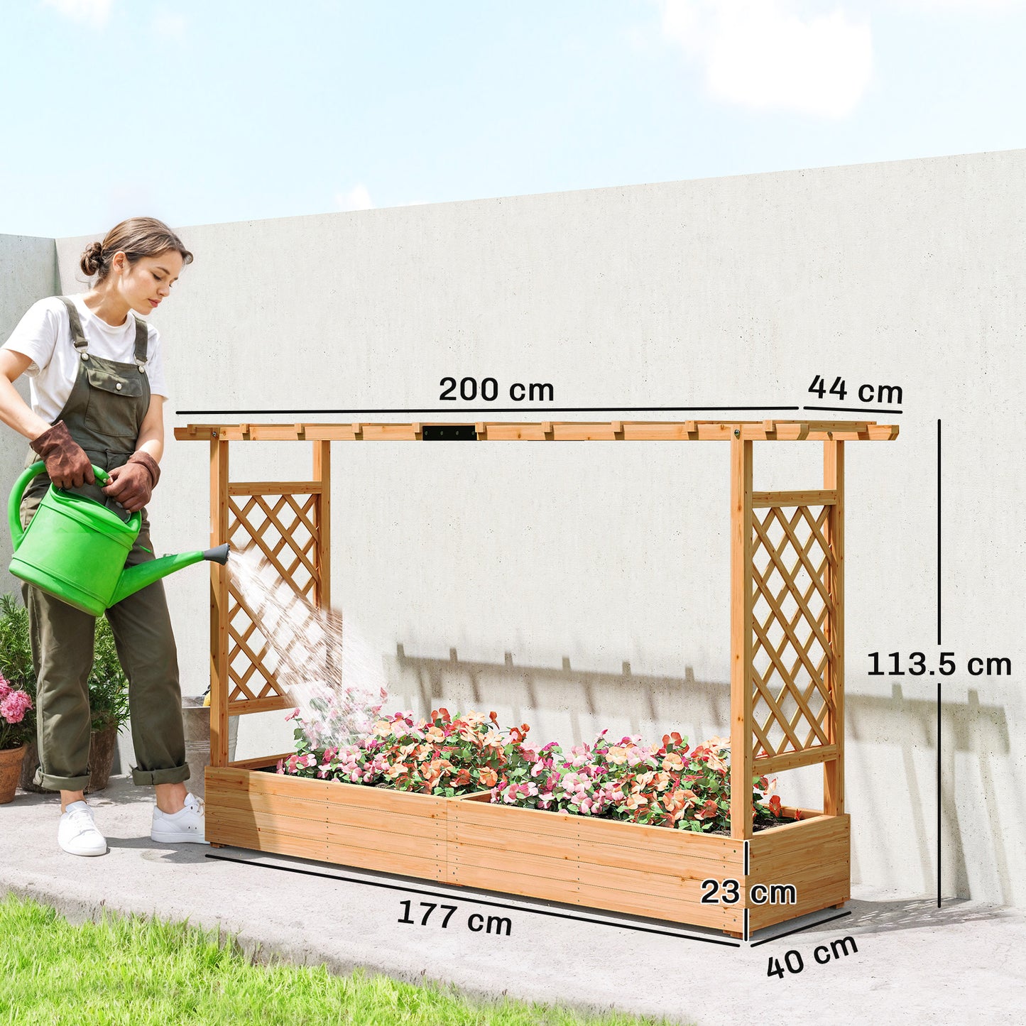 Outsunny Fir Wood Raised Planter With Trellis And Roof Drainage Holes Outdoor Garden Bed 175 X 39 Cm Planter Box
