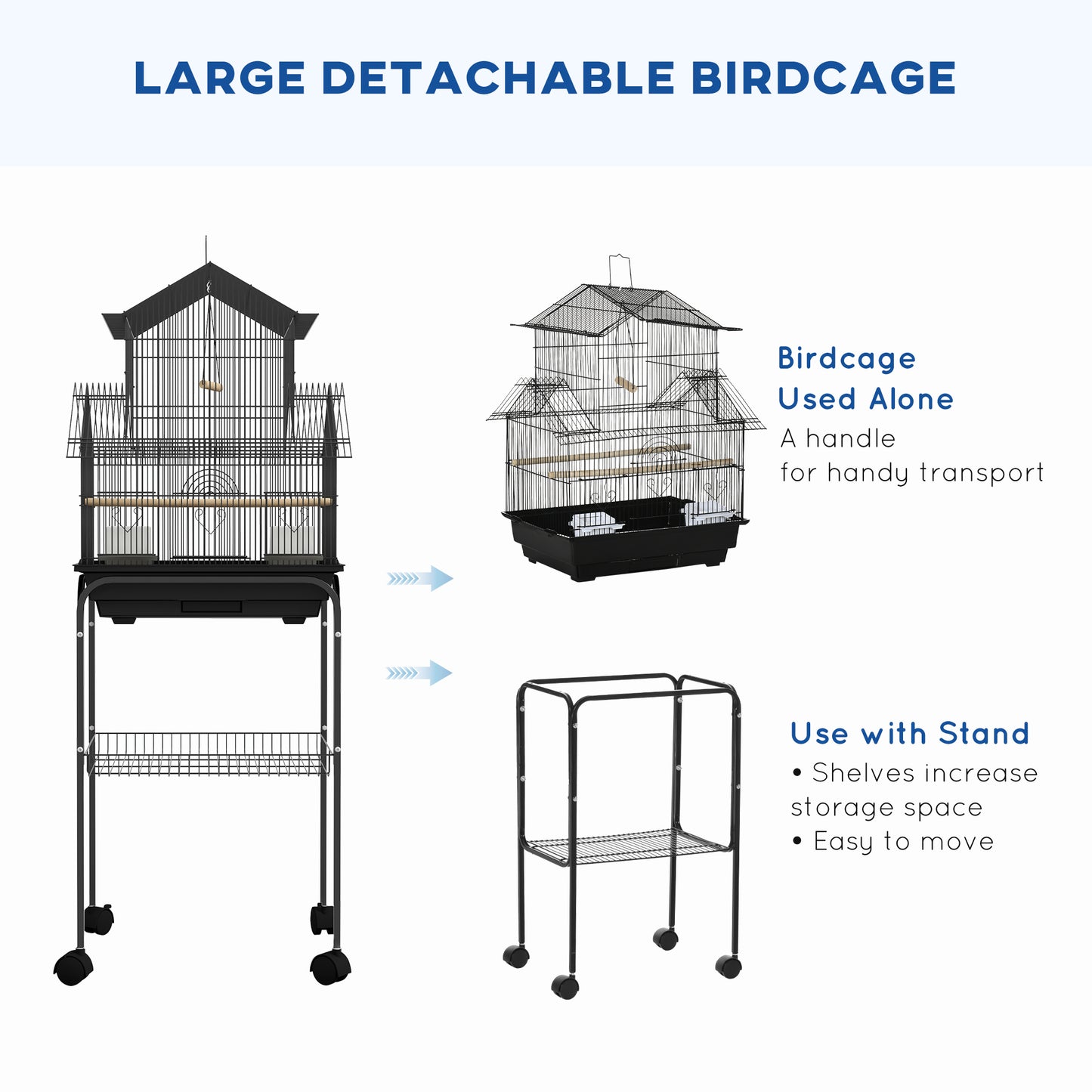 PawHut Deluxe Metal Bird Aviary with Stand, Swing Perch, and Easy-Clean Food Tray for Small Birds - 50.5 x 40 x 63cm, Elegant Black Design - ALL4U RETAILER LTD