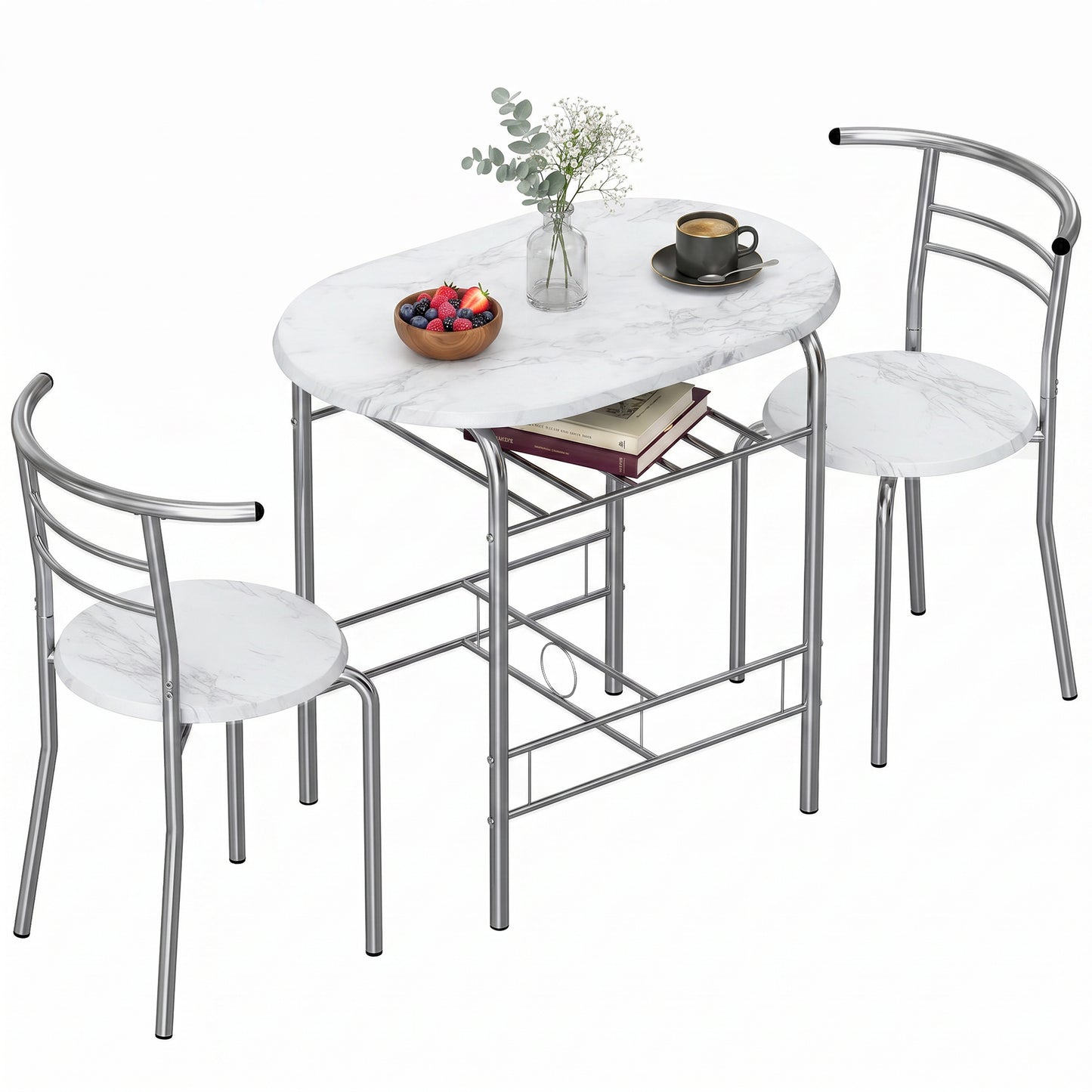 HOMCOM White Marble Effect Three Piece Compact Dining Set With Two Chairs And Table Shelf