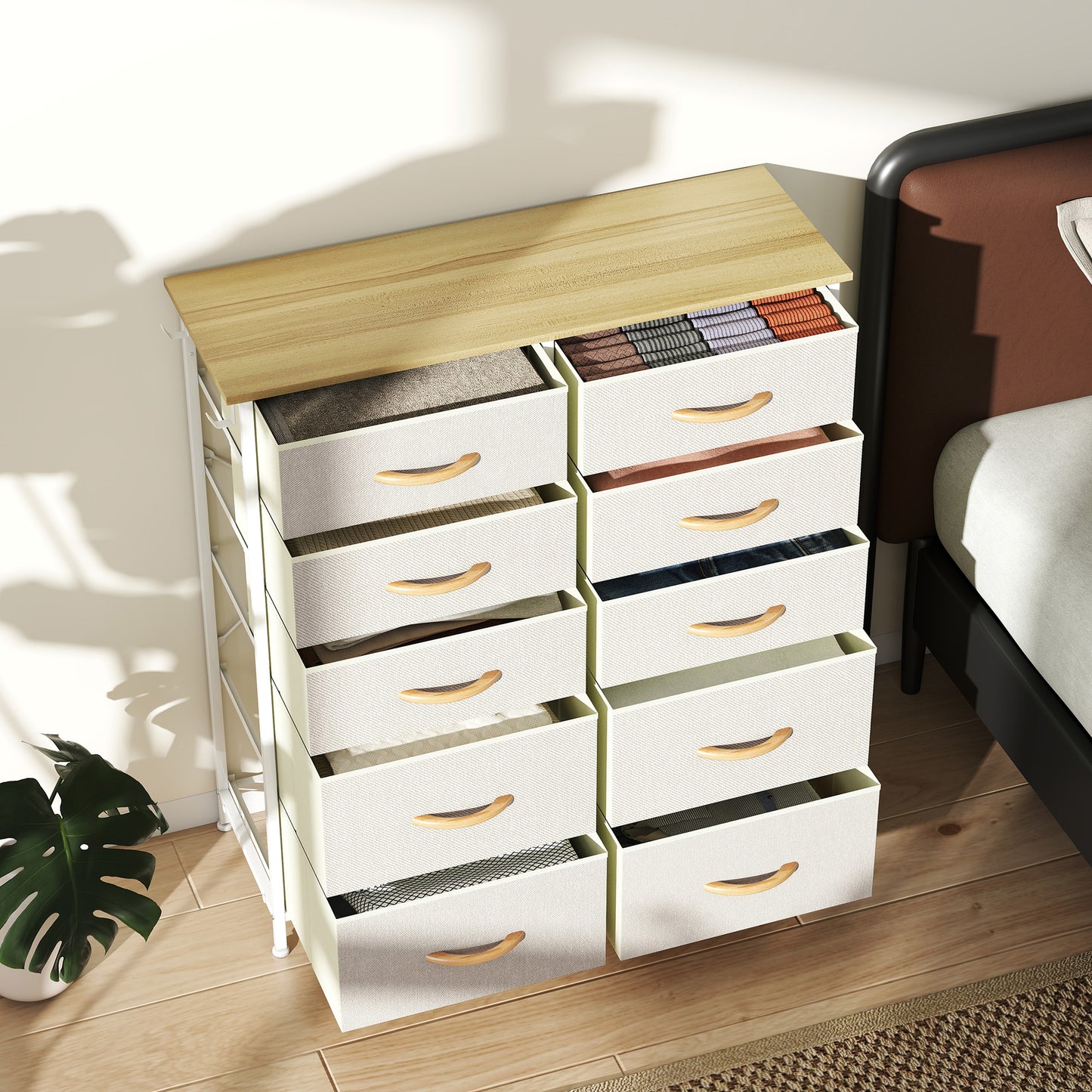 HOMCOM Fabric Chest of Ten Drawers Beige with Steel Frame X Bars Six Small and Four Large Drawers for Bedroom Storage