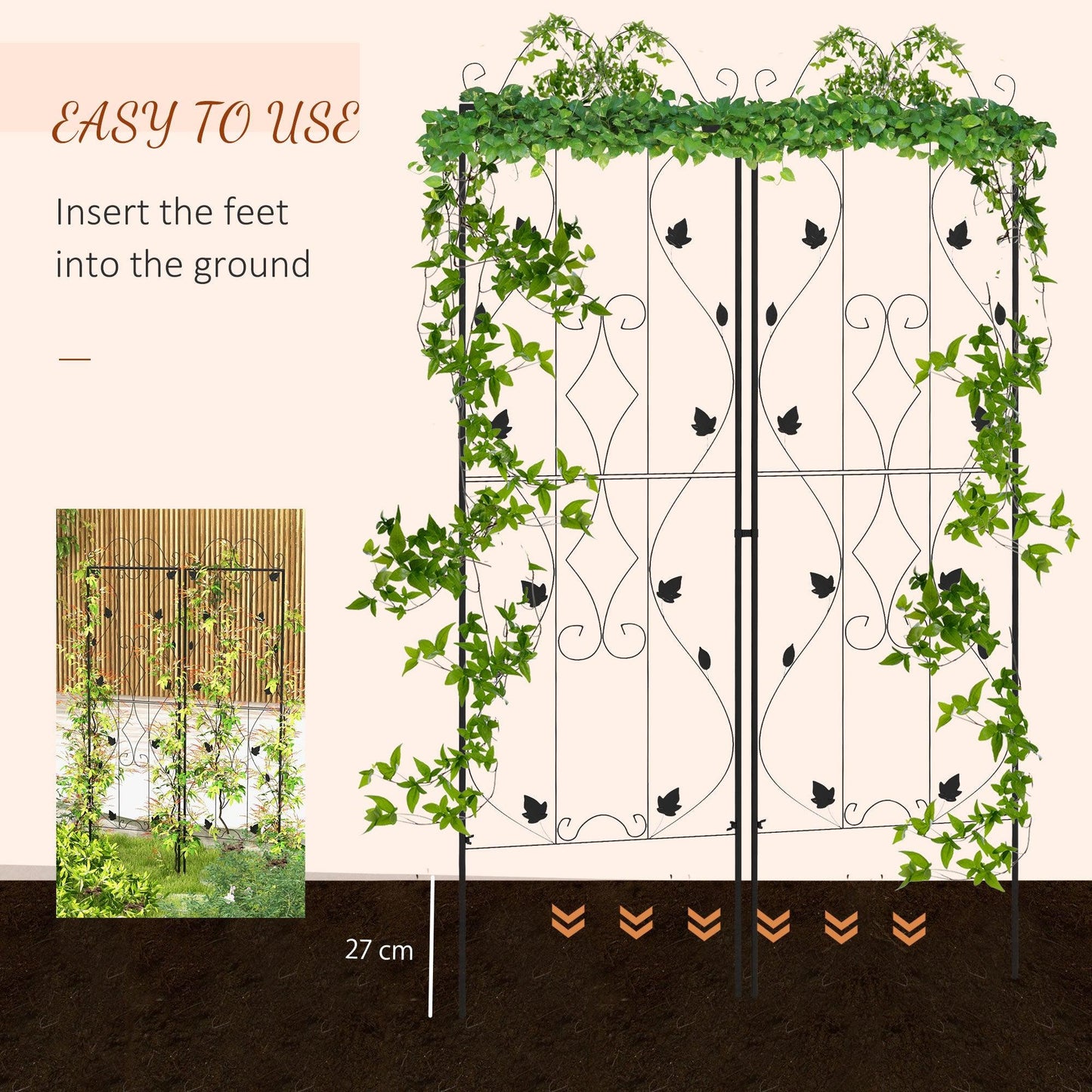 Outsunny Metal Trellis Set of 2, Garden Trellis for Climbing Plants Support Frames, Leaf Design - ALL4U RETAILER LTD