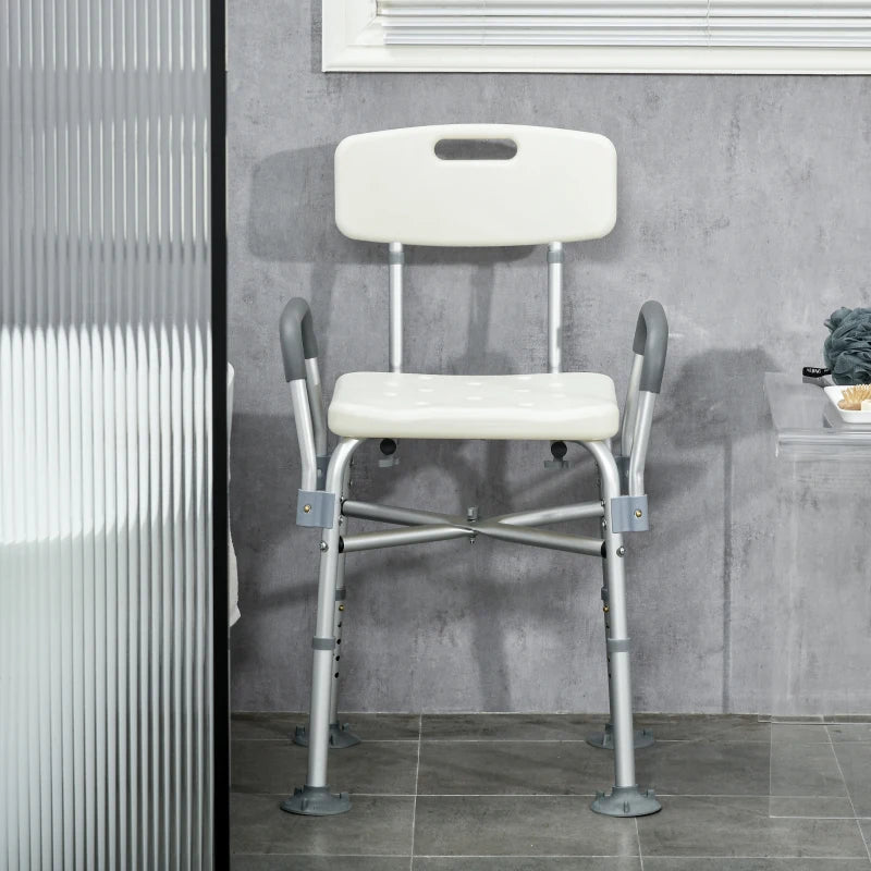 HOMCOM Aluminium Shower Chair with Backs and Arms, Height Adjustable Seat, Removable Padded Cushion, for Seniors, Disabled, Pregnant - White - ALL4U RETAILER LTD