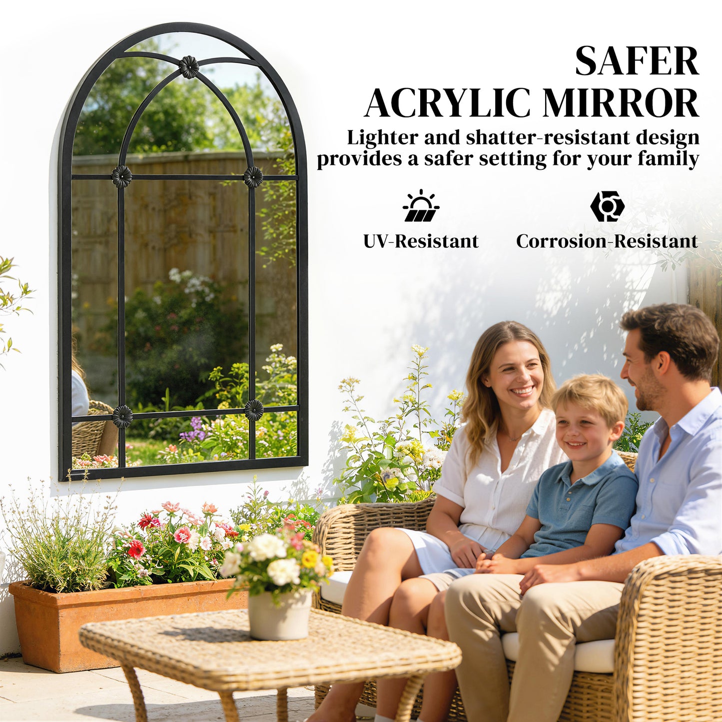 Outsunny Arched Mirror With Shatterproof Acrylic Windowpane, Wall Mounted, Black Metal Frame, 100 x 60 cm