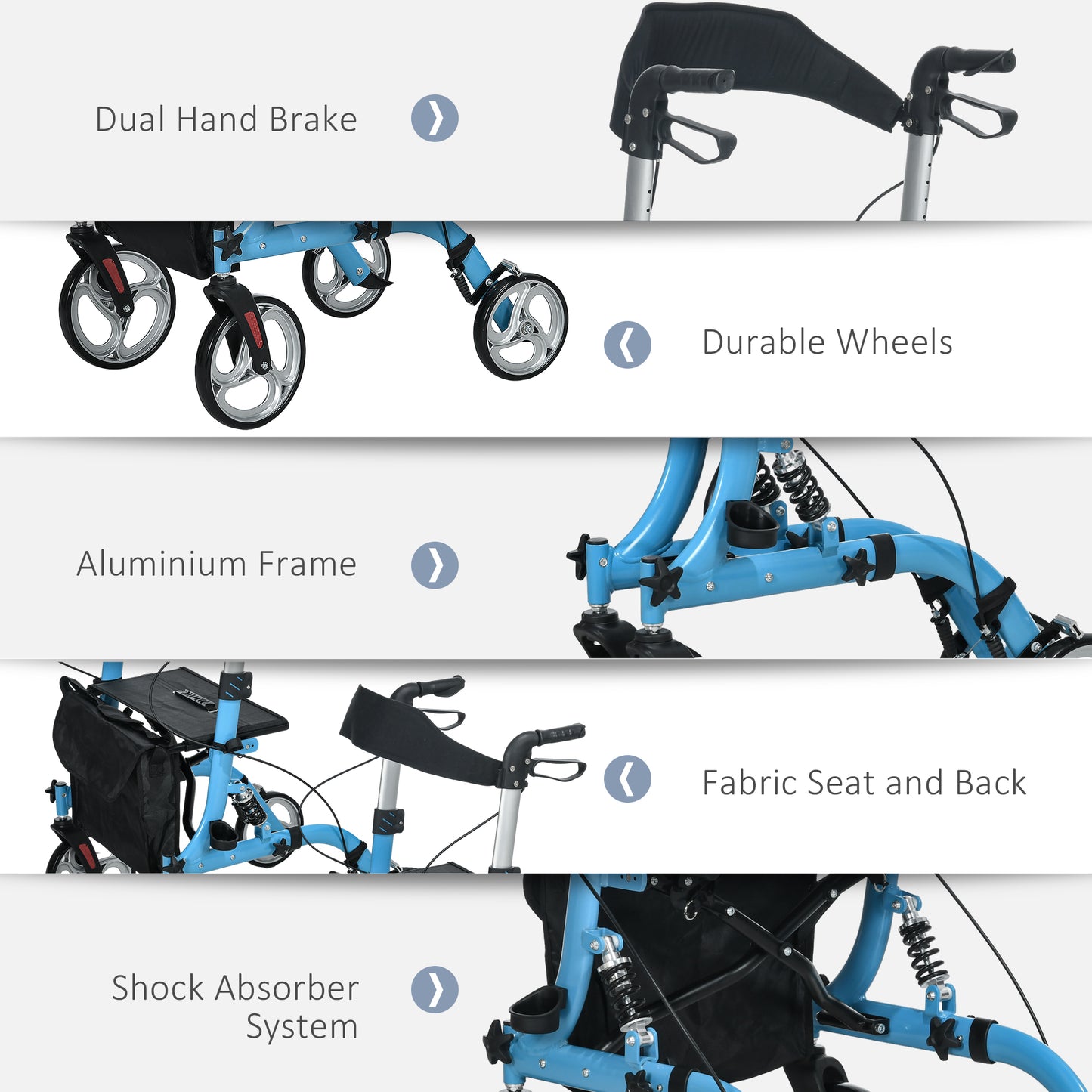 HOMCOM Lightweight Foldable Rollator with Seat & Backrest, Adjustable Height Mobility Walker with Large Wheels & Dual Brakes - Blue - ALL4U RETAILER LTD