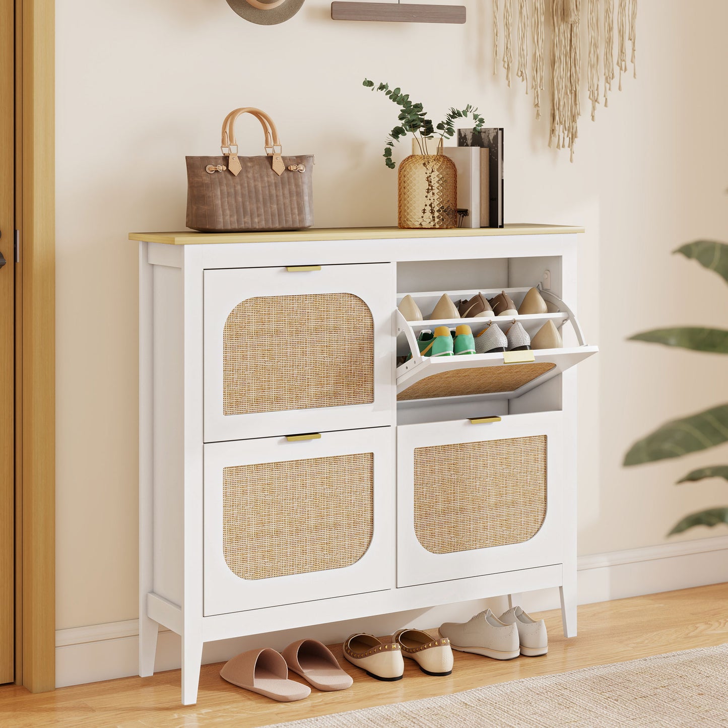 HOMCOM Narrow Boho Rattan Shoe Cabinet With 4 Flip Drawers Holds 20 Pairs White Entryway Storage