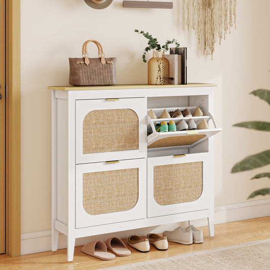 HOMCOM Narrow Boho Rattan Shoe Cabinet With 4 Flip Drawers Holds 20 Pairs White Entryway Storage