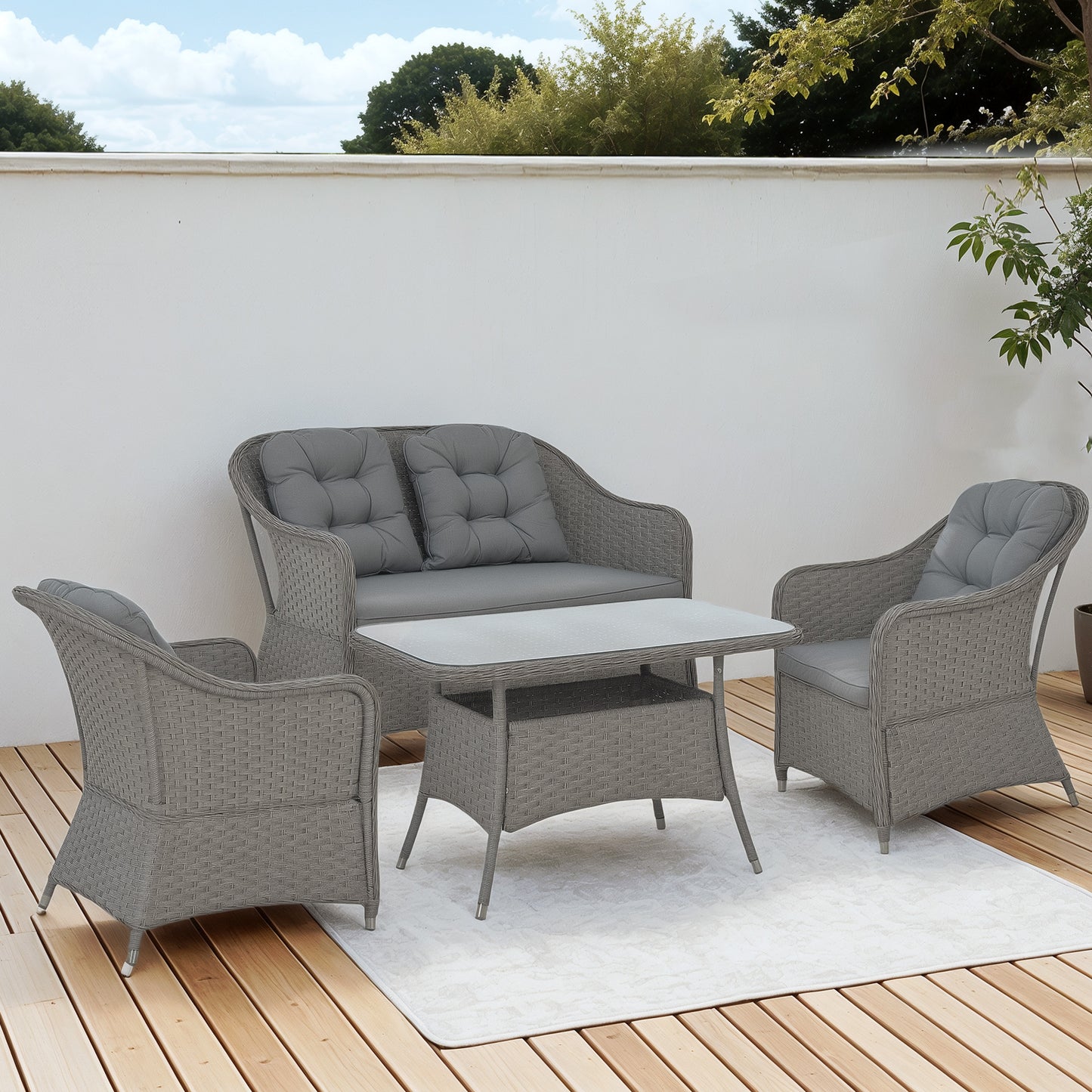 Outsunny Four Piece Rattan Outdoor Furniture Set With Glass Top Table For Patio Light Grey