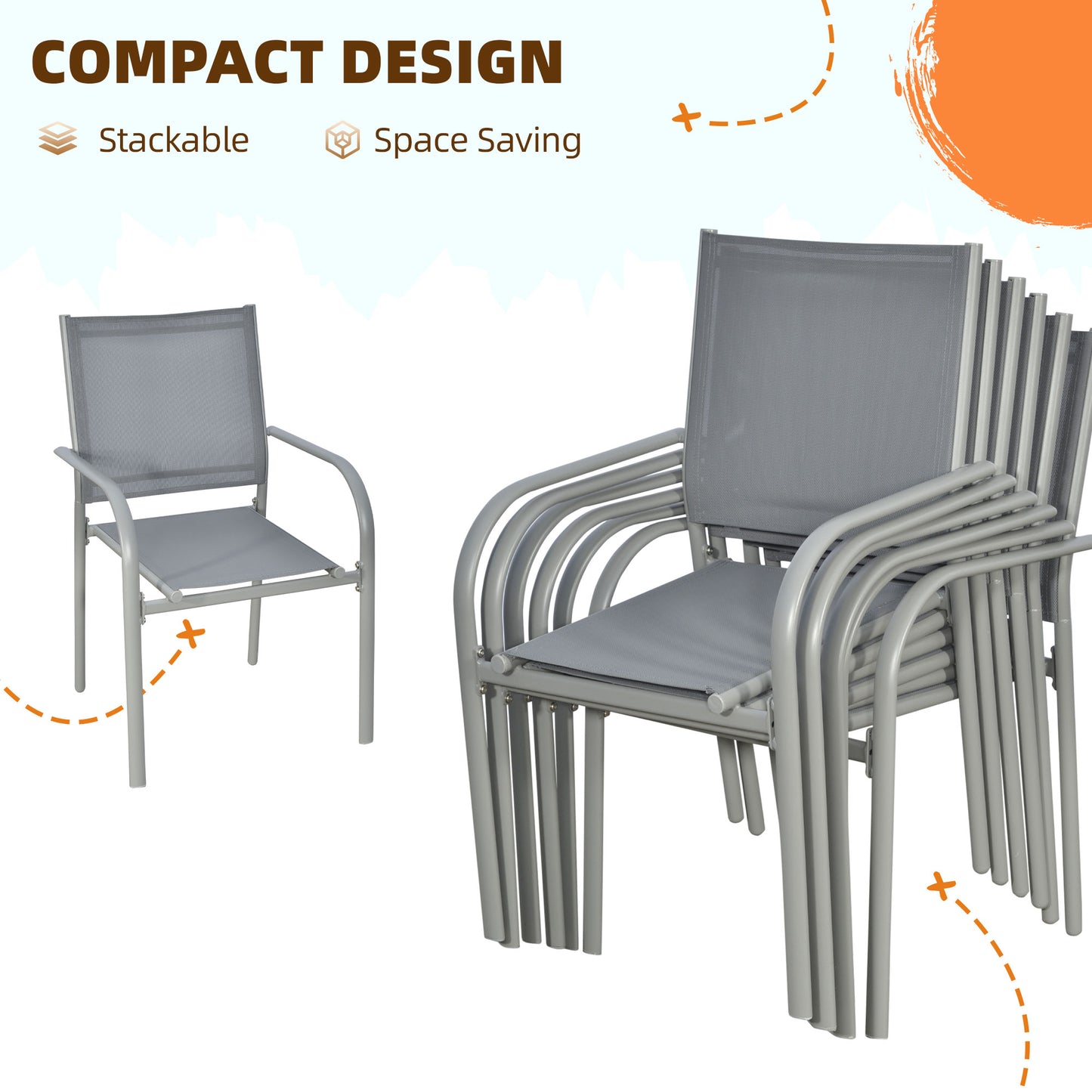 Outsunny Stylish 7-Piece Outdoor Dining Set with Stackable Chairs and Tempered Glass Top Table - Grey - ALL4U RETAILER LTD