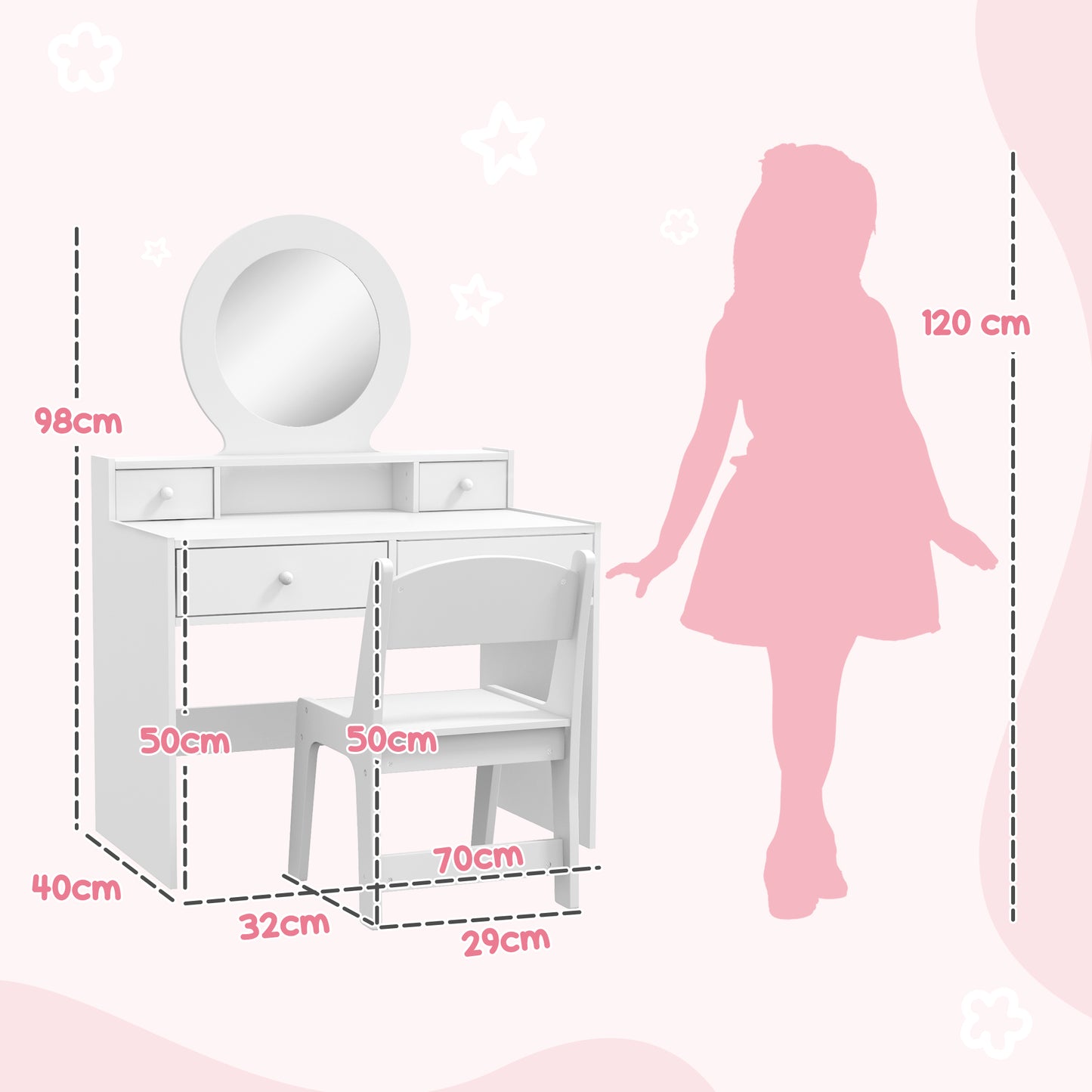 Aiyaplay Kids Dressing Table Set With Stool And Mirror Vanity Table With Storage Drawers Ideal Gift For Ages 3 To 8