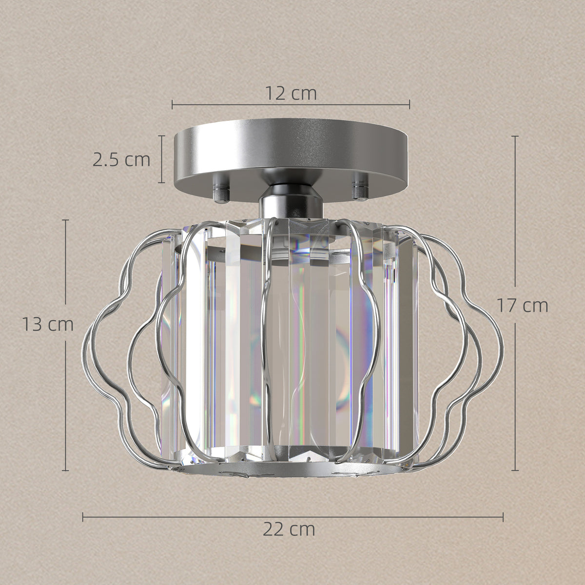 Semi-flush ceiling light with clear crystal bars and metal cage, front view