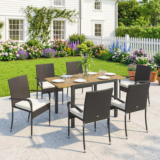 Outsunny 7 Piece Rattan Garden Furniture Set With Extendable Acacia Wood Tabletop 6 Stackable Chairs