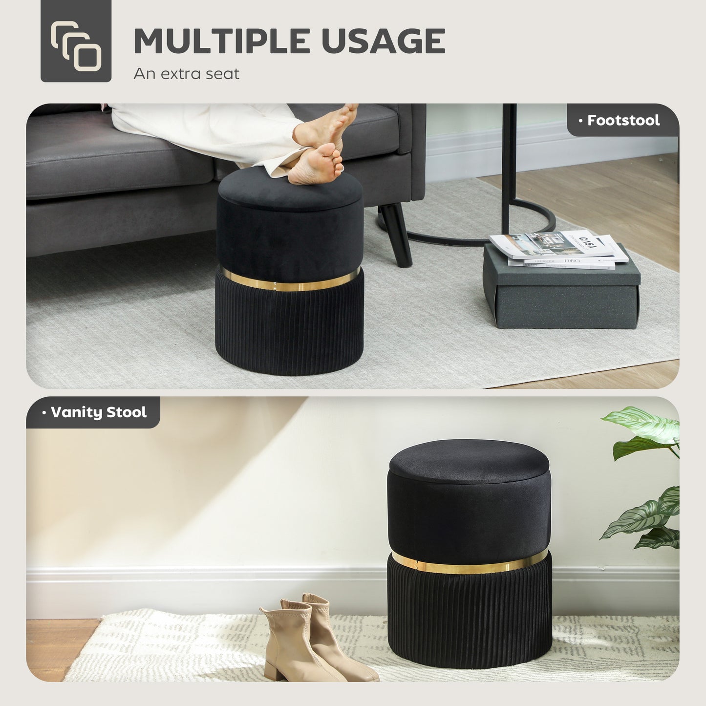 HOMCOM Velvet-Feel Storage Ottoman With Hidden Storage And Soft Black Upholstery For Living Room And Bedroom Decor