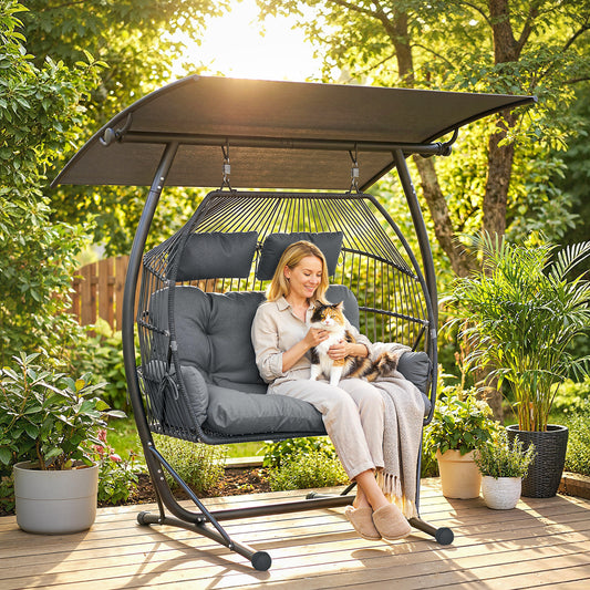 Outsunny Double Hanging Egg Chair With Canopy Stand For Indoor Outdoor Rattan Garden Swing Chair Dark Grey Cushion