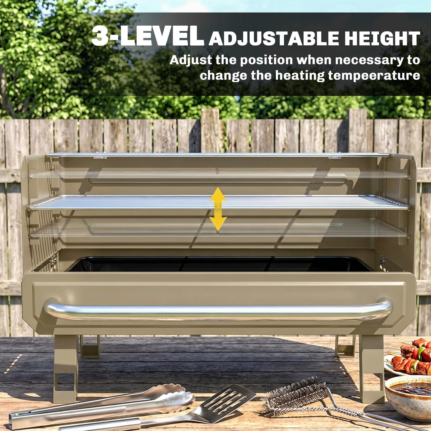Outsunny Portable Charcoal BBQ Grill With Adjustable Grates Foldable Legs Side Shelf For Camping Travel Khaki