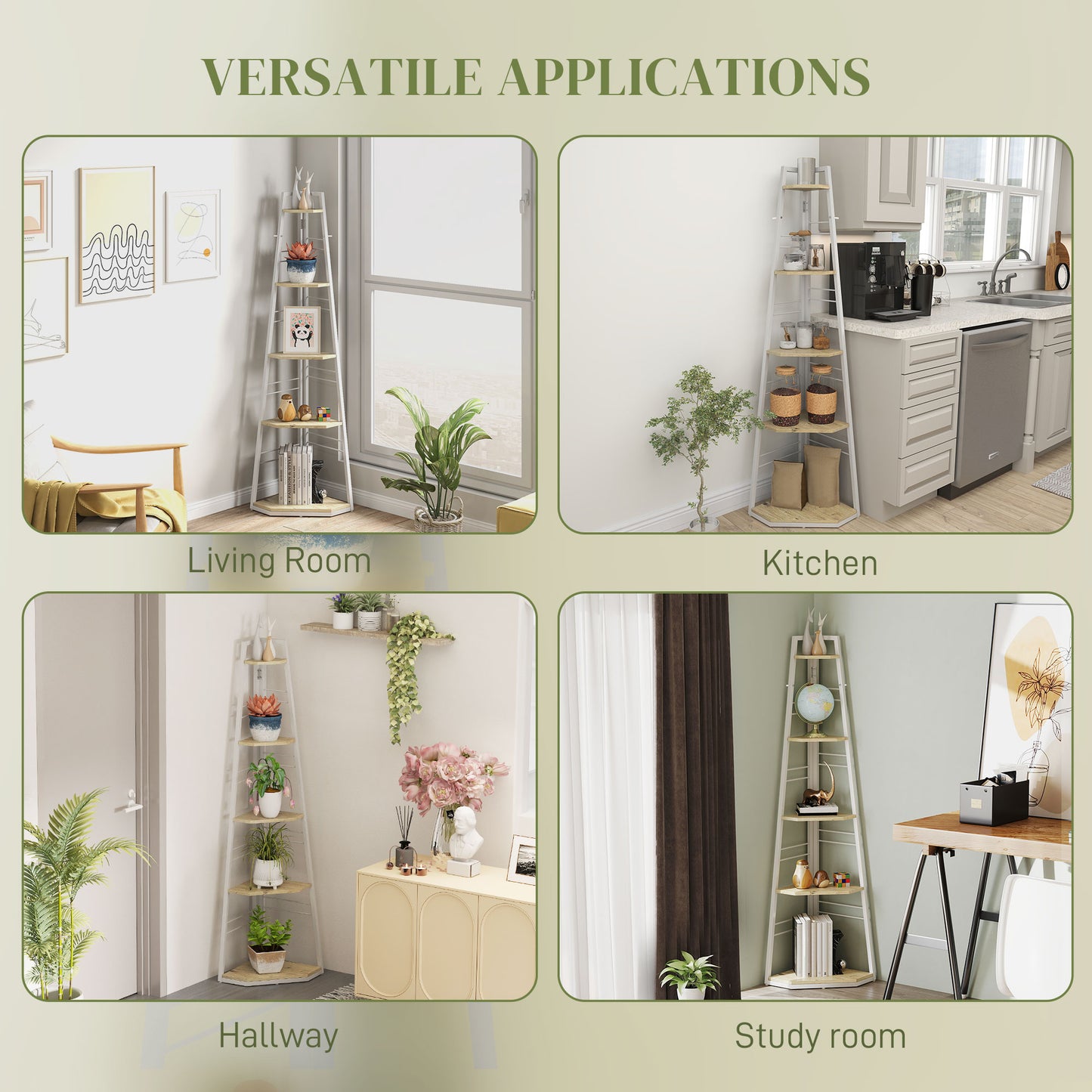 HOMCOM Five Tier Corner Shelf White Wood Effect Steel Frame Ladder Organizer For Living Room Decor With Adjustable Feet