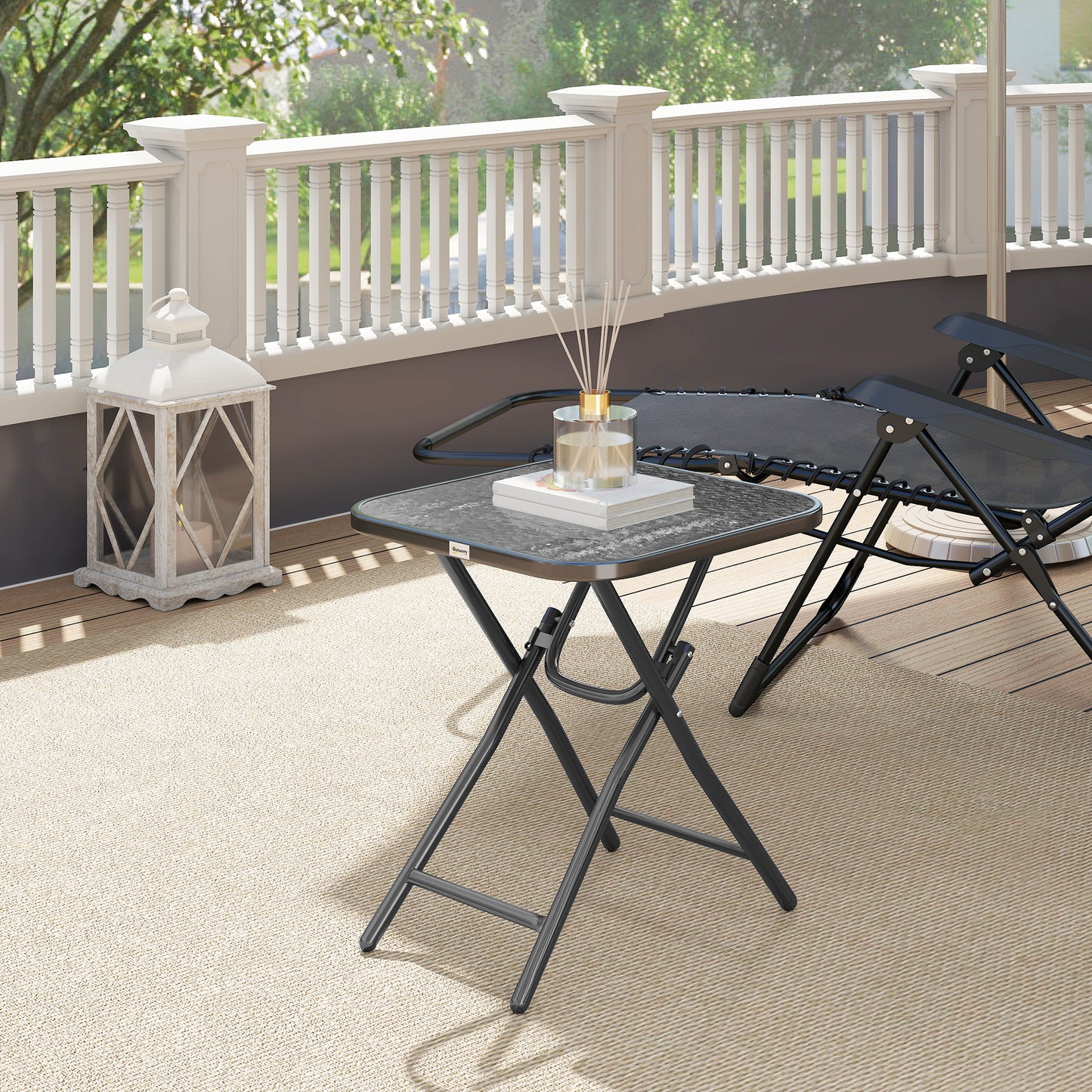 Outsunny Foldable Garden Table Square 45x45 cm With Ripple Glass Top Black 50 cm High Patio Balcony Coffee Table
