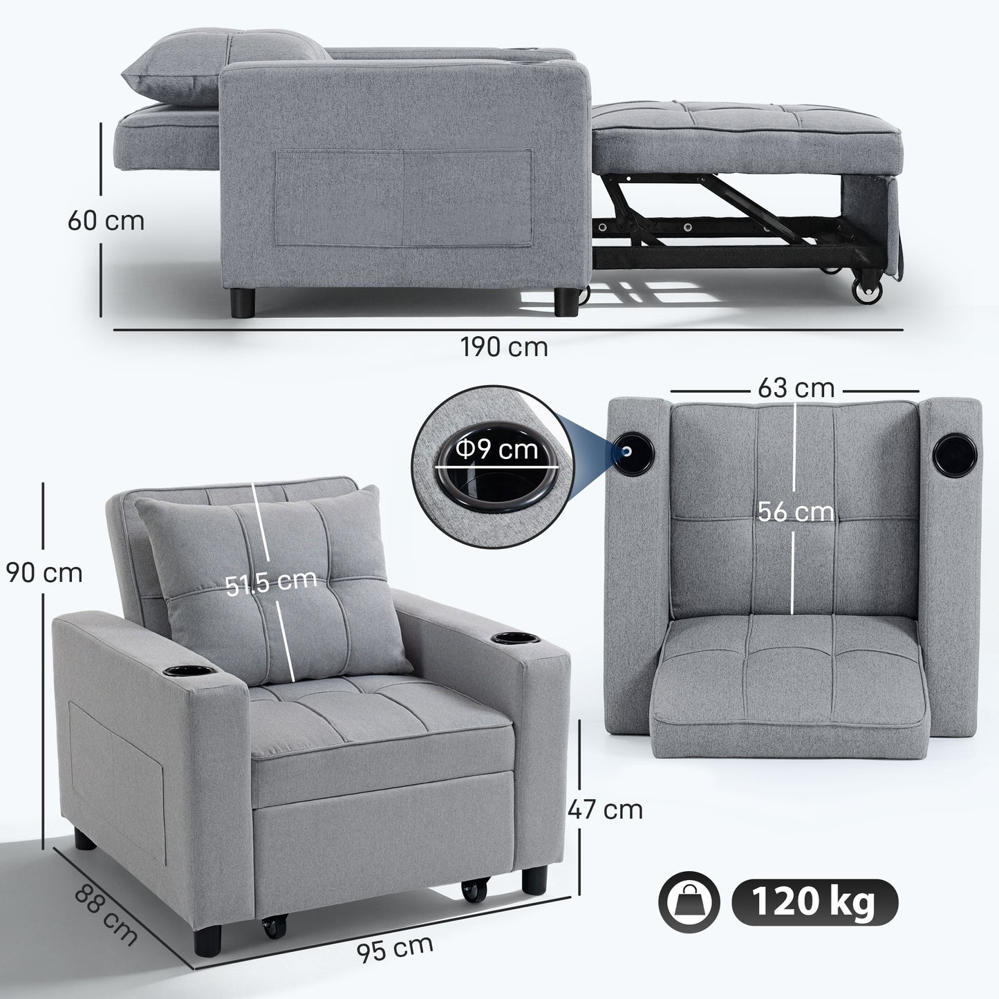 HOMCOM 3 In 1 Sofa Bed Convertible Sleeper Chair Bed With Soft Upholstery And Light Grey