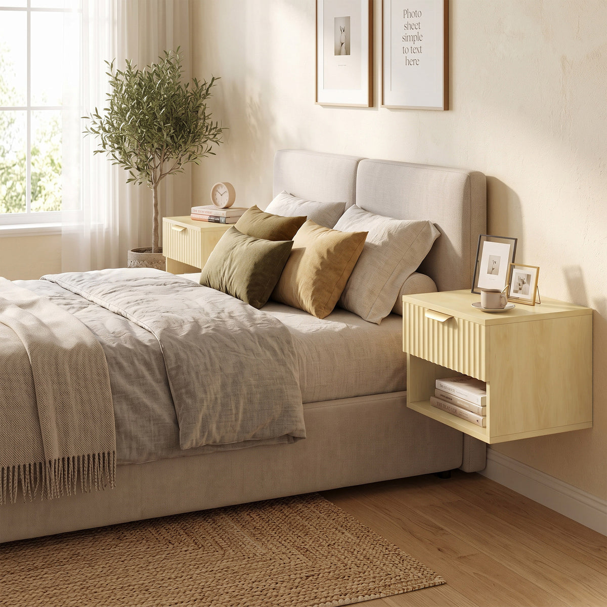 Modern Floating Nightstands Set Of 2 Wall Mounted Fluted Drawer Oak