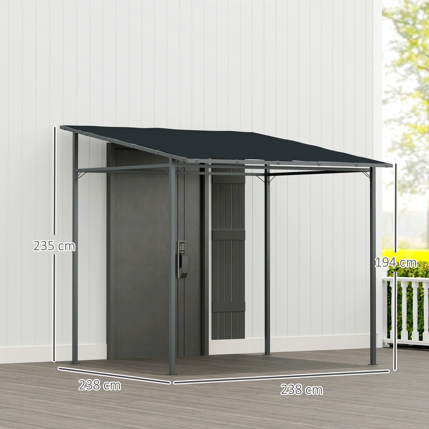 Outsunny 2.4m by 2.4m Wall Mounted Pergola Gazebo with PA Coated Fabric and Metal Frame UPF30 Sun Shade Dark Grey