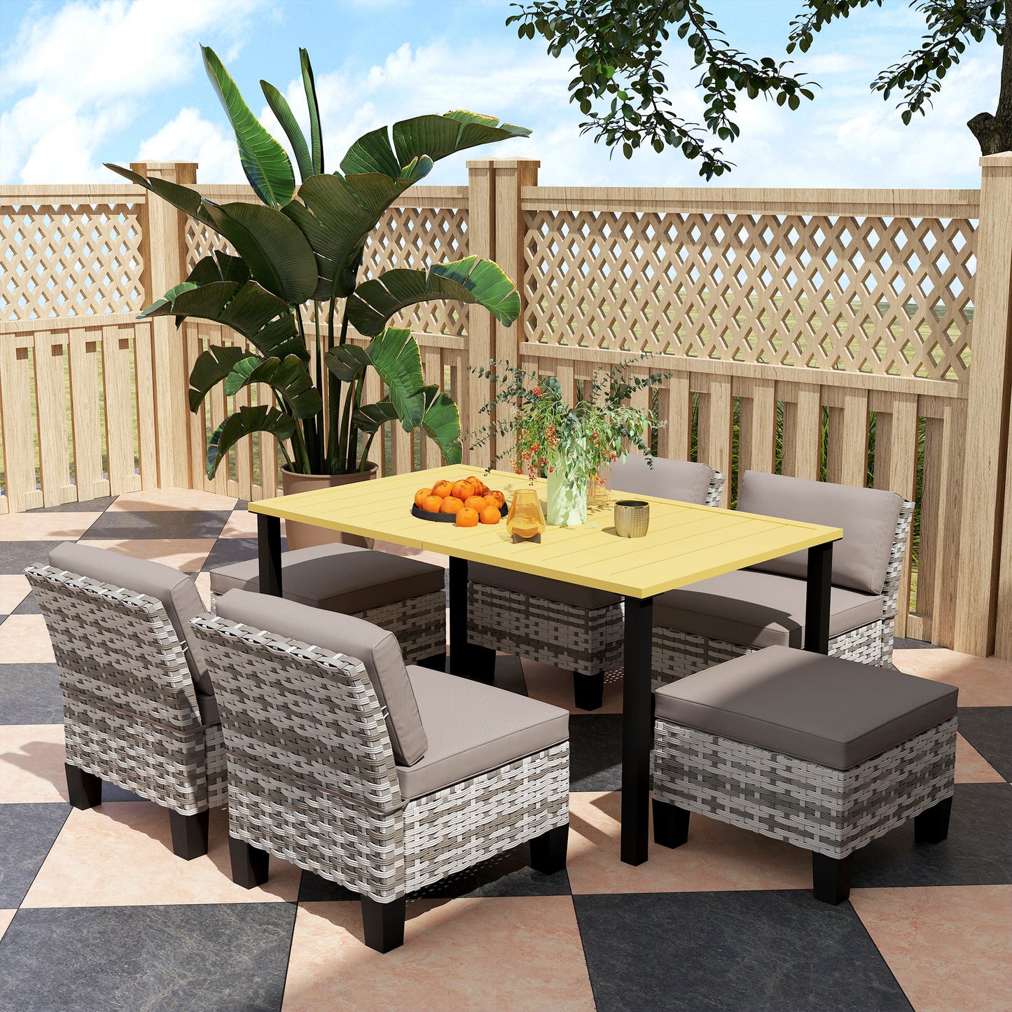Outsunny Seven Piece Rattan Dining Set Grey Outdoor Patio Table With Parasol Hole
