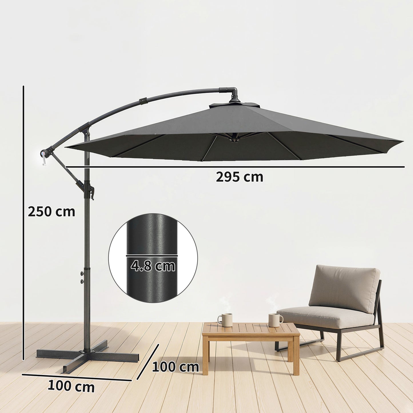 Outsunny 3m Overhanging Cantilever Parasol With Cross Base Grey For Patio And Garden Sun Shade 8 Rib Thick Fabric Canopy