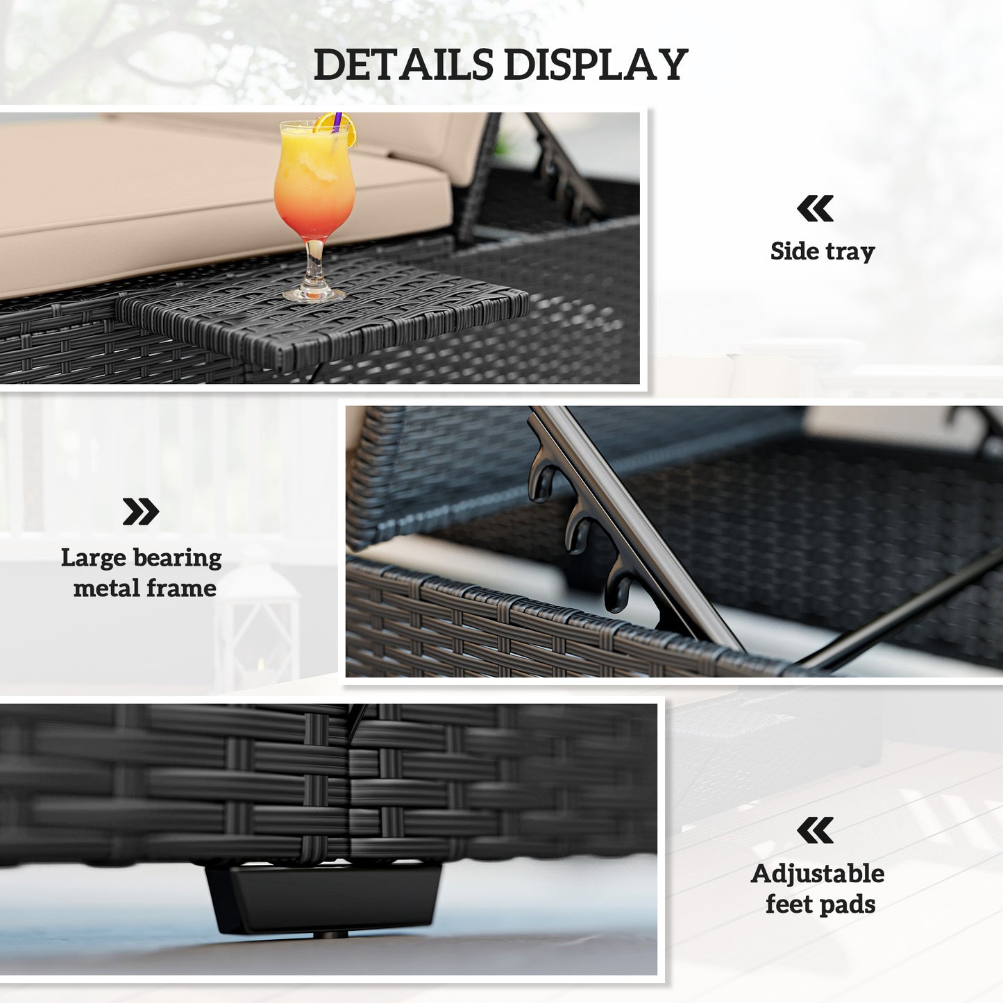 Outsunny Rattan Sun Lounger With Five Position Reclining Back Side Tray And Cushioned Seat In Black