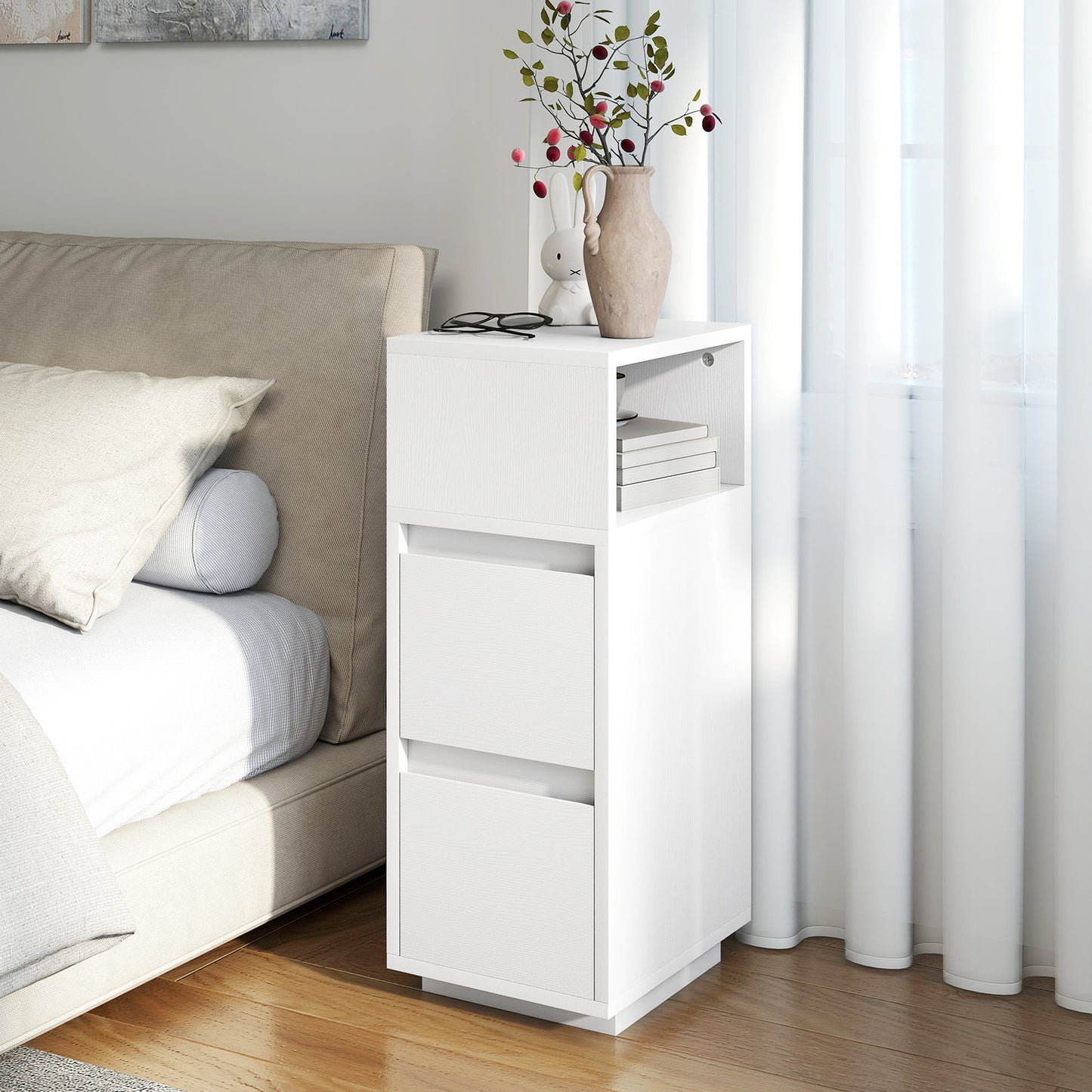 HOMCOM Slim Bedside Table With Open Shelf And Two Drawers For Bedroom And Living Room White