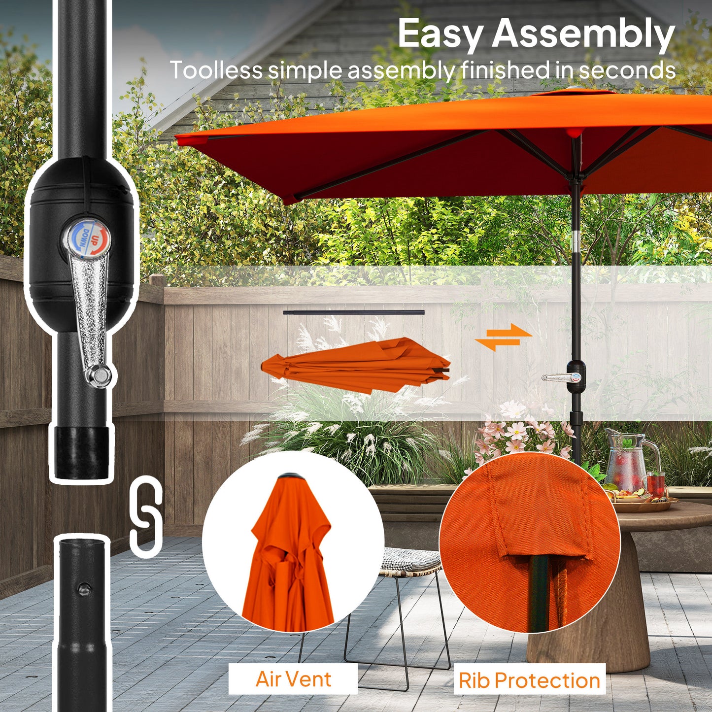 Outsunny 3x2m Patio Parasol Garden Umbrella With Aluminium Tilt Crank Rectangular Canopy Steel Frame Orange