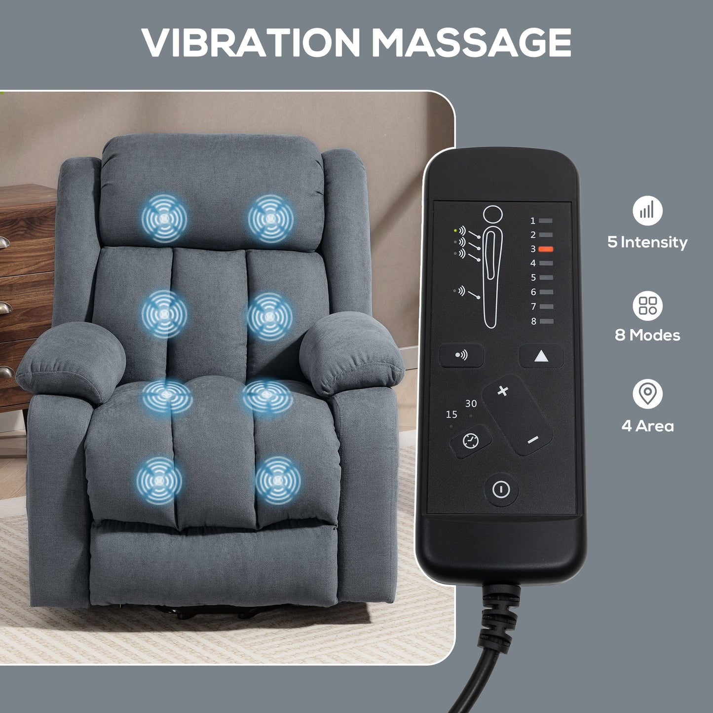 HOMCOM Power Lift Recliner Chair With Vibration Massage For Elderly Remote Control Footrest Side Pocket Grey