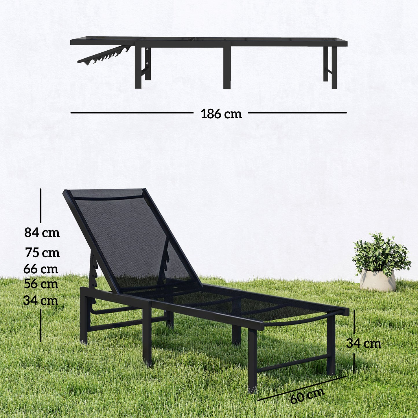 Outsunny Five Position Adjustable Reclining Sun Lounger with Breathable Textiline Seat Black for Outdoor Use