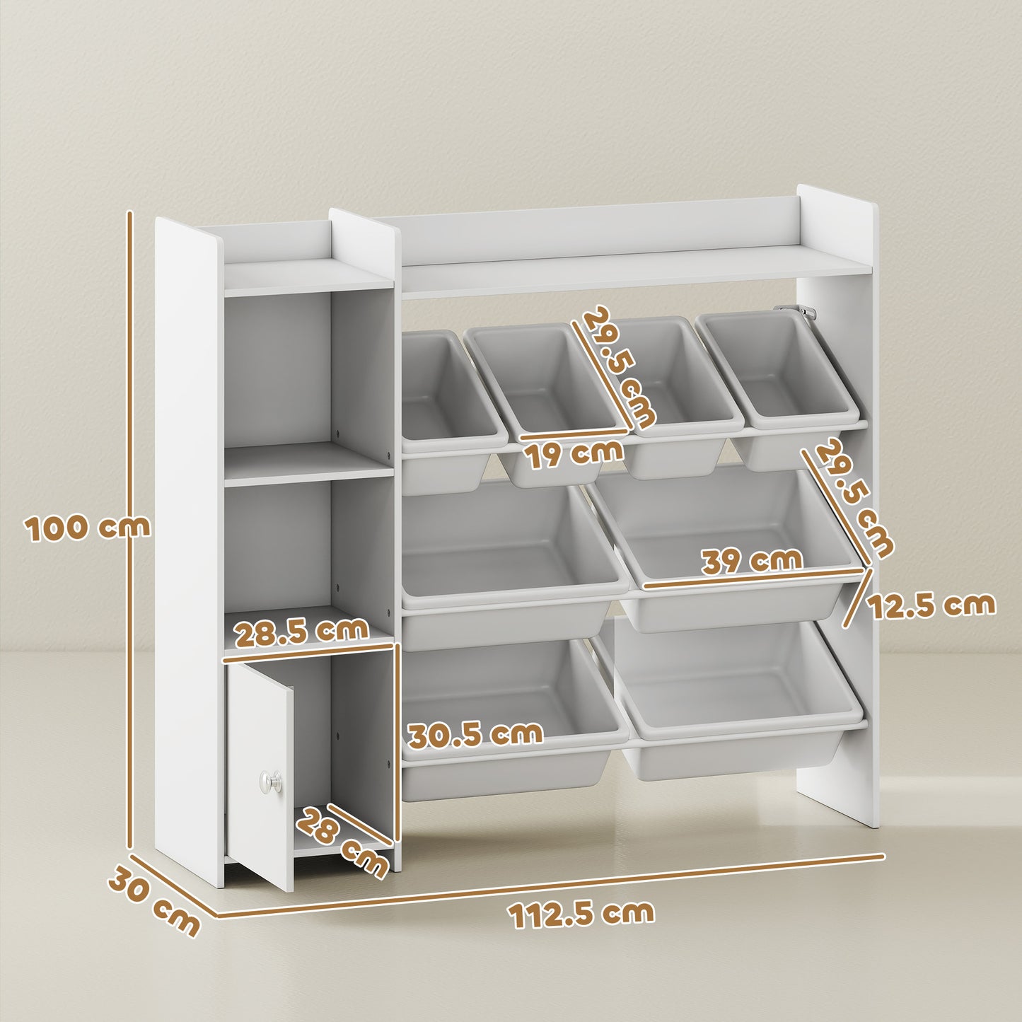 AIYAPLAY Toy Storage Unit With 8 Removable Bins And Shelves And Cabinet In White For Kids Bedrooms And Playrooms