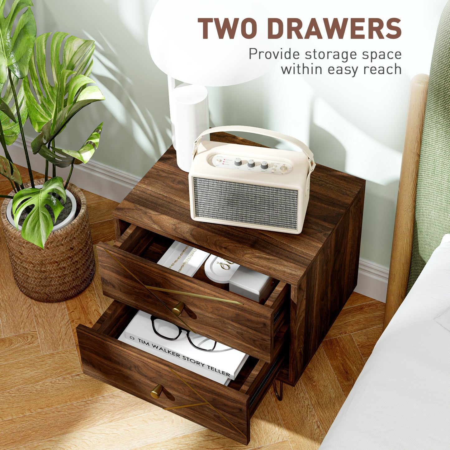 HOMCOM Bedside Tables Set of 2 With 2 Drawers and Gold Hairpin Legs Wood Grain Nightstands