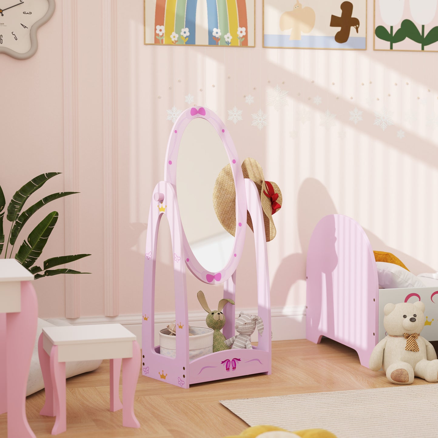 Women's Aiyaplay Kids Clothes Rail, Kids Dressing Mirror With 360° Rotating, 2 Piece Kids Furniture Set With Storage Shelves,