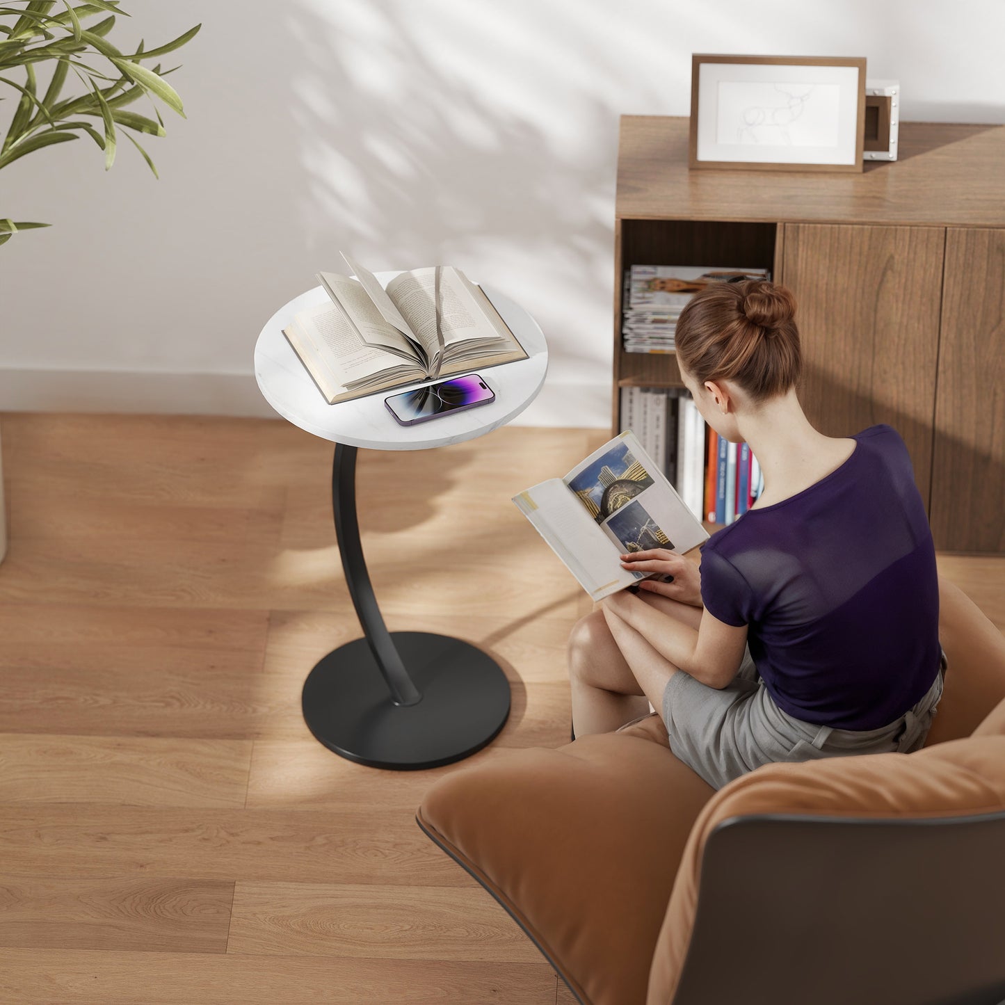 HOMCOM C Shaped Side Table Round Bedside Table With Marble Effect Top Modern Sofa End Table With Metal Frame White